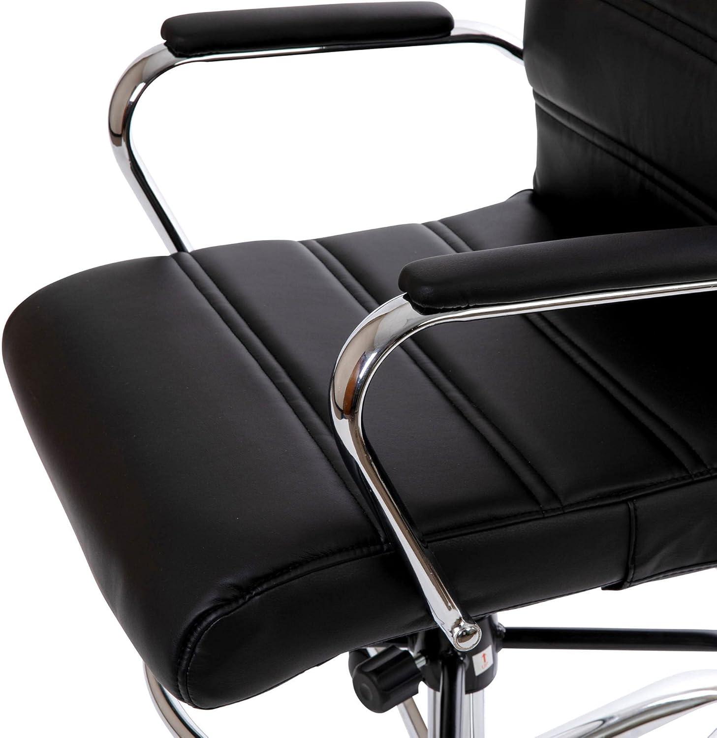 Mid-Back Black Leather Swivel Drafting Chair with Silver Frame