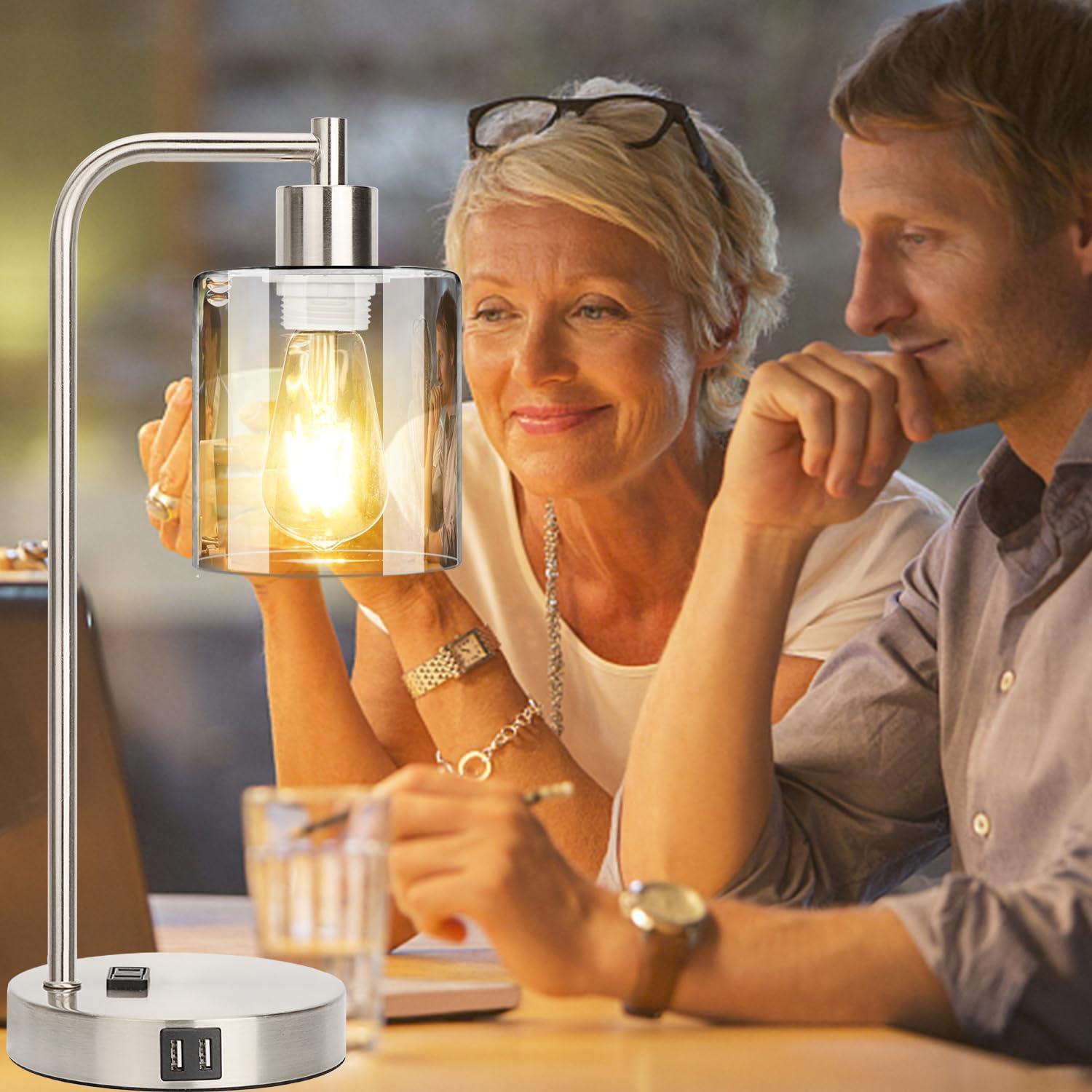 Industrial Nightstand Lamps for Bedrooms Set of 2 - Fully Dimmable Bedside Lamps with USB A C Ports and Outlet, Black Table Lamps with Clear Glass Shade for Living Room, Desk Lamps for Office Reading