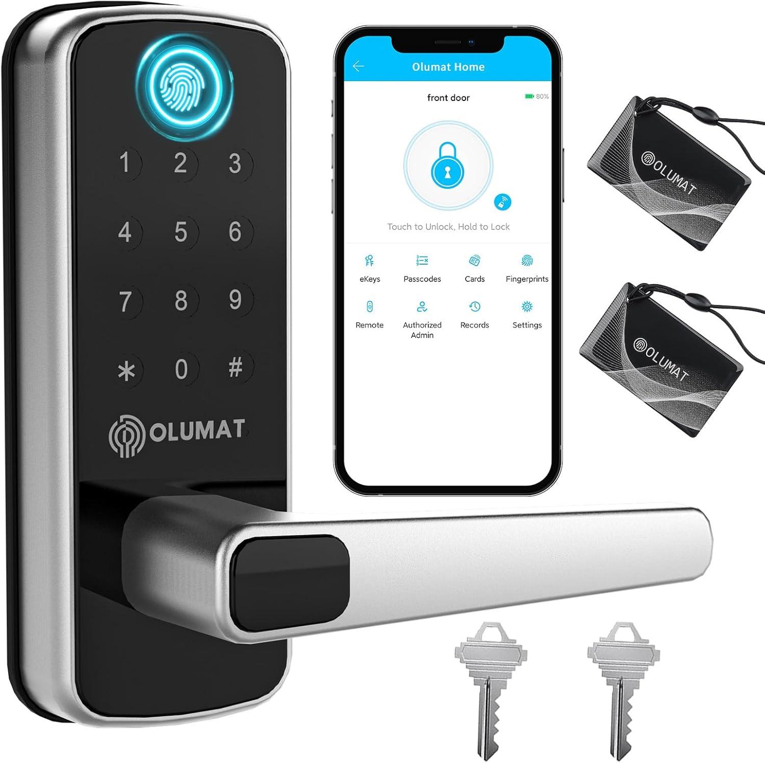 Smart Door Lock, OLUMAT Keyless Entry Door Lock Fingerprint Door Lock with Keypad Digital Door Lock with Handle for Home, Rental, Office and Hotel-Silver