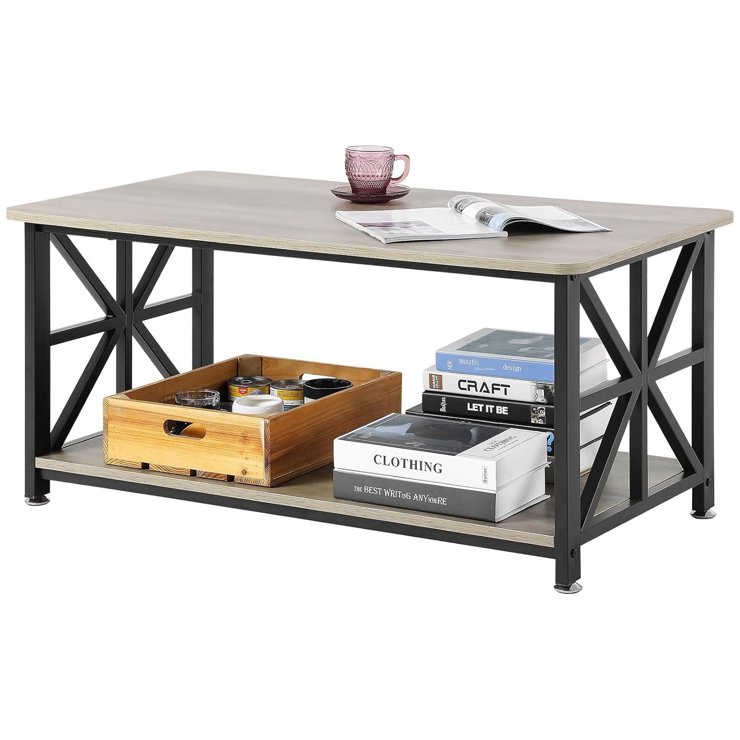 VEVOR 40" Farmhouse Coffee Table, Rectangle Coffee Table with Open Storage Compartment, Wooden Rustic Cocktail Table for Living Room, Bedroom, Apartment, Studio, Brown & Black