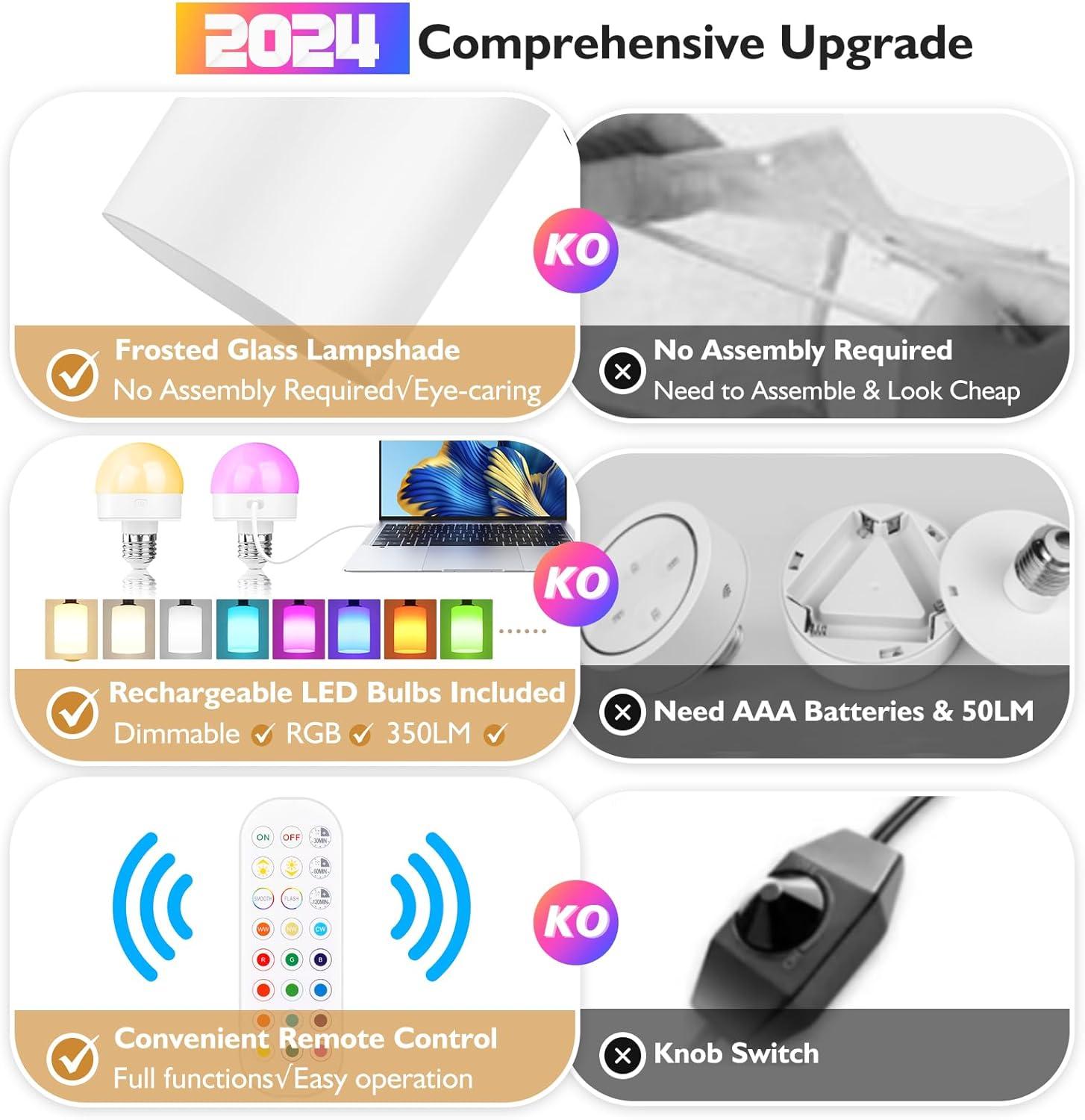 Latitude Run® Battery Operated Wall Sconce Set Of 2, Wireless Rechargeable Wall Lights, Glass Wall Lamps With Remotes And Dimmable RGB LED Bulbs, No Wiring Indoor Sconces Wall Decor For Bedroom Living Room Hallway