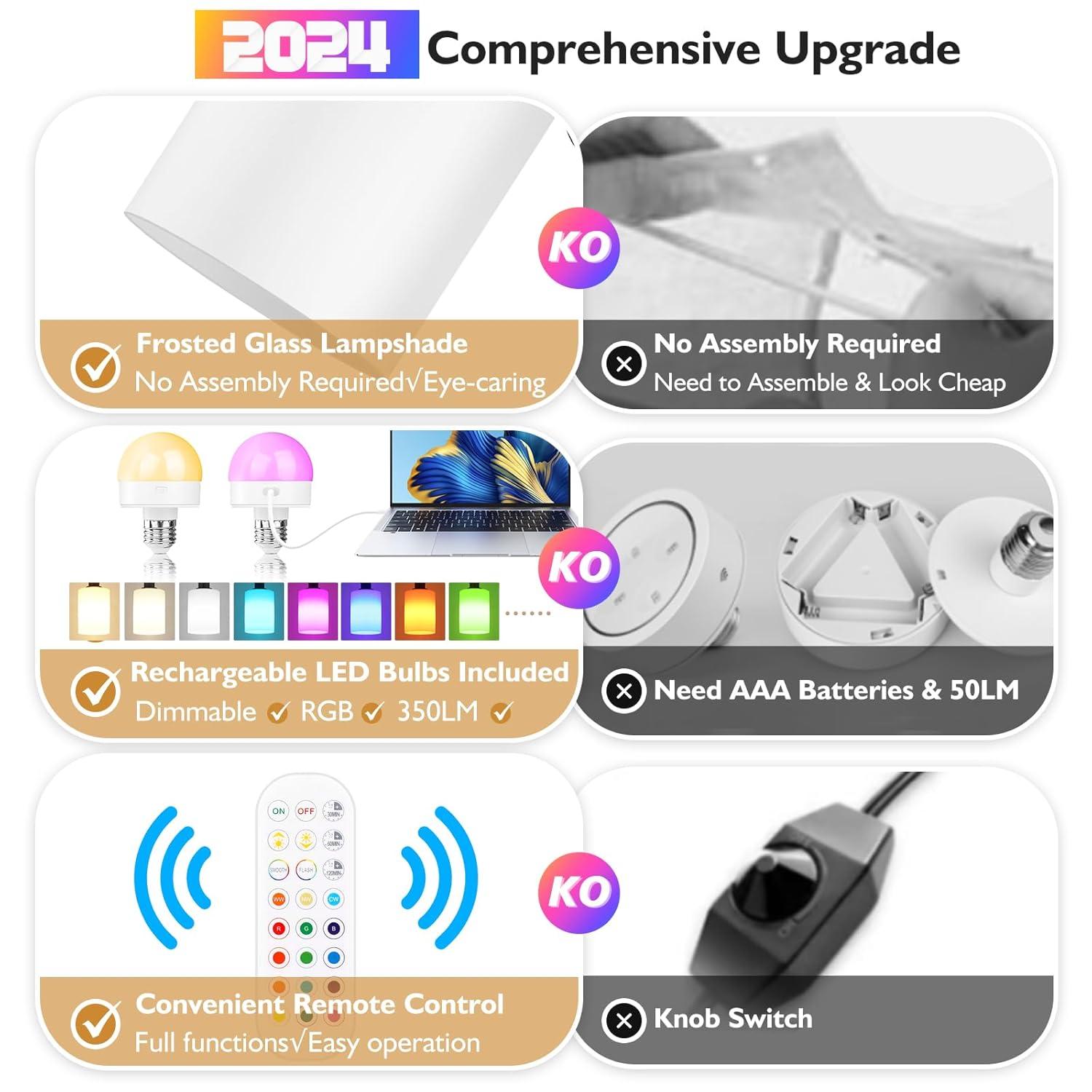 Latitude Run® Battery Operated Wall Sconce Set Of 2, Wireless Rechargeable Wall Lights, Glass Wall Lamps With Remotes And Dimmable RGB LED Bulbs, No Wiring Indoor Sconces Wall Decor For Bedroom Living Room Hallway