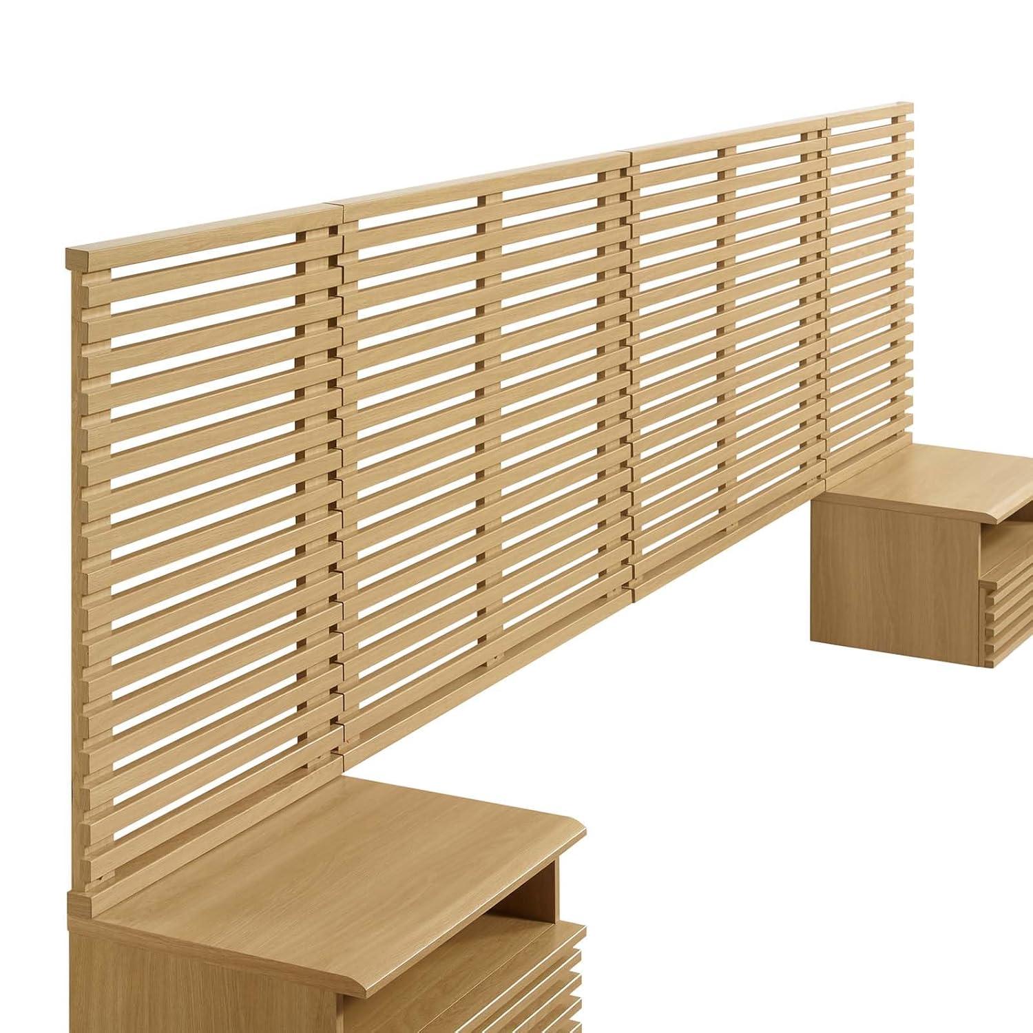 Modway Render Wall Mount King Headboard and Modern Nightstands in Oak