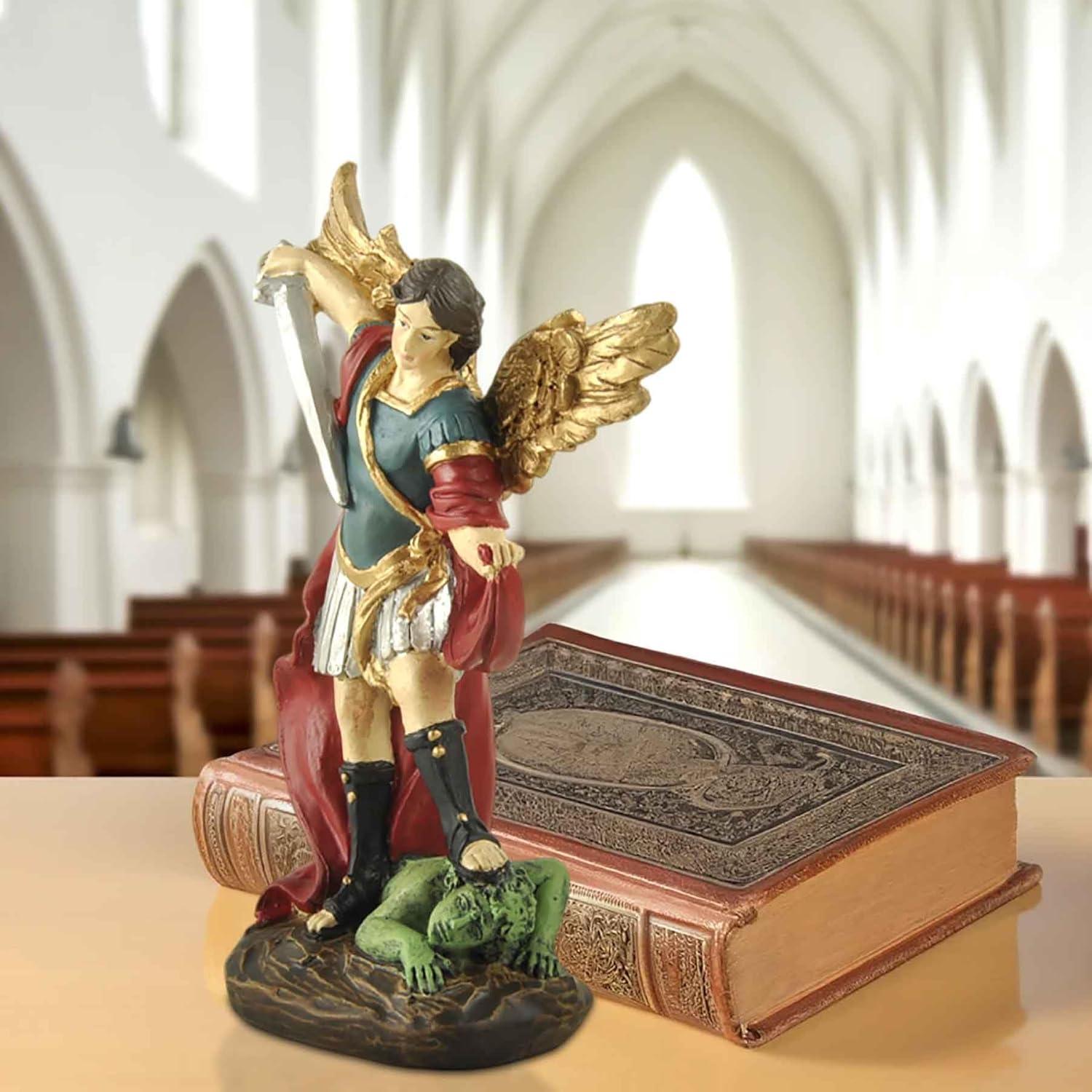 San Miguel Archangel Statue - Saint Michael Statue Miguel Archangel Statue Defeated Lucifer Tramples Demon Statue, Religious Collectible Angel Sculpture, 5.31 Inch