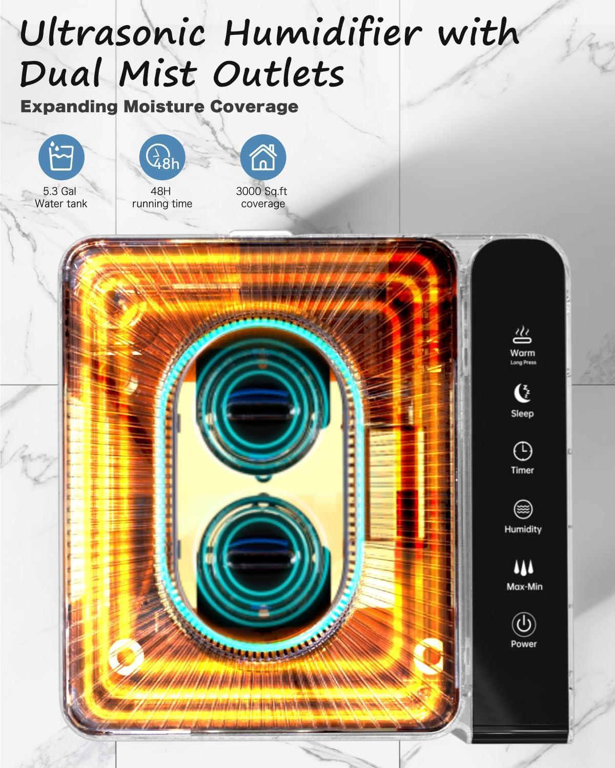 Warm and Cool Mist Humidifier Large Room, 5.3Gal/20L Whole House Humidifiers for Home, Quickly & Evenly Humidify Larger Areas, Top Fill, White