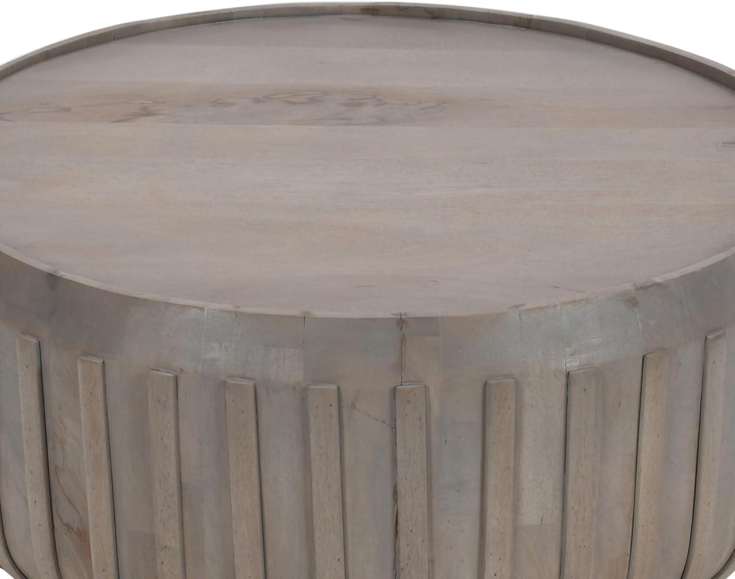 The Urban Port 36" Coffee Table Handcrafted Drum Shape with Ribbed Edges Gray Mango Wood Gray