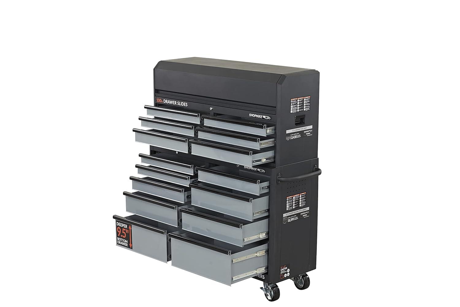 SHOPMAX, 100 lb, 52" Steel 15-Drawer Tool Chest and Rolling Cabinet Black