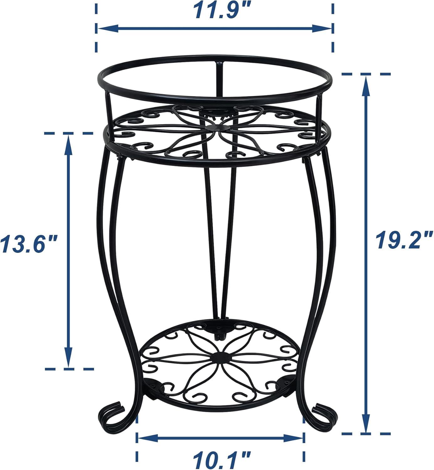 Black Metal 2-Tier Plant Stand with Floral Design