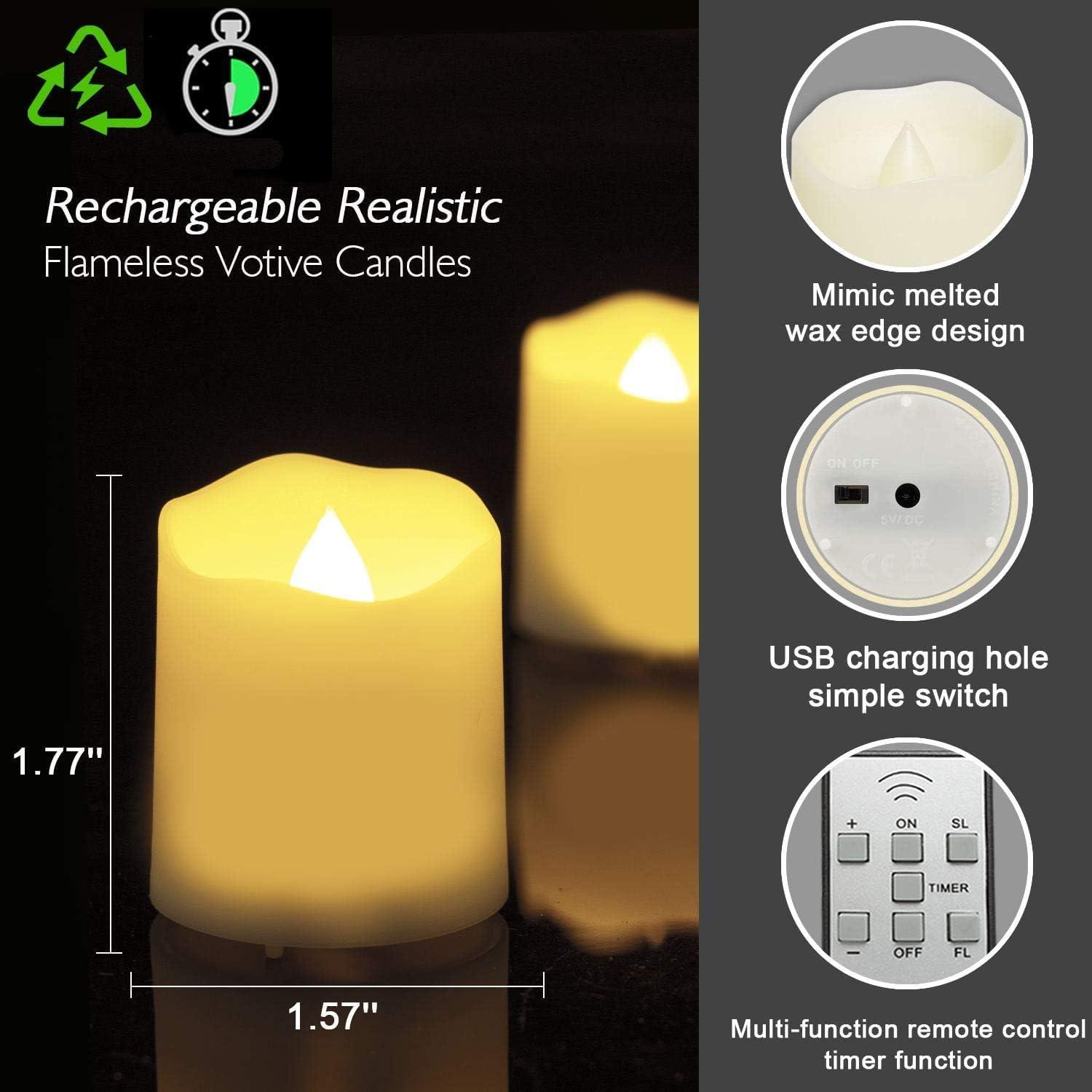 TRAHOO-Rechargeable Flameless Votive Candles with Remote, Battery Tea Lights with Timer, 12PCS Electric Fake Candle in Warm White (USB Charging Cable Included)