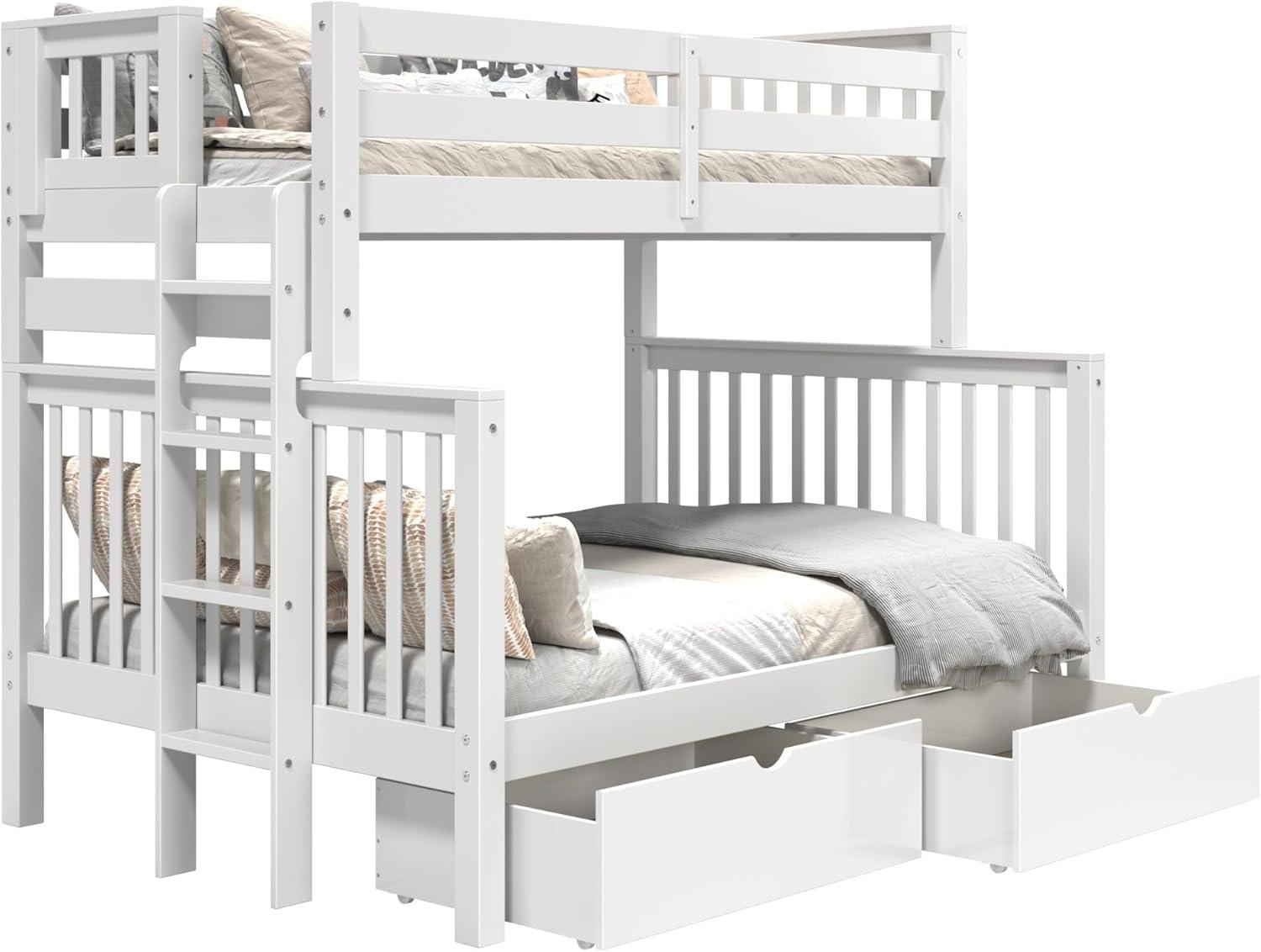 Bedz King Bunk Beds Twin over Full Mission Style with End Ladder and 2 Under Bed Drawers, White