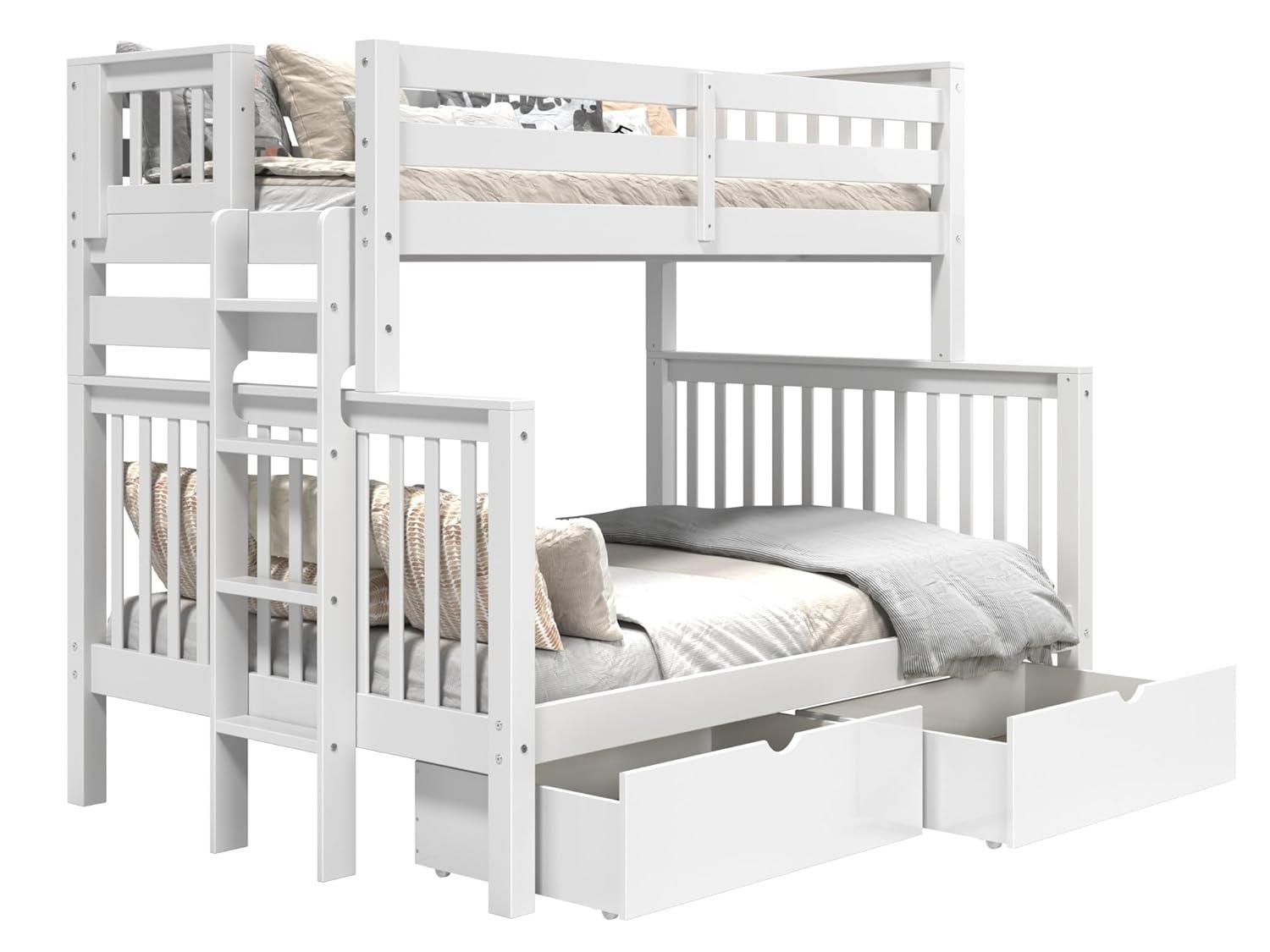 Bedz King Bunk Beds Twin over Full Mission Style with End Ladder and 2 Under Bed Drawers, White