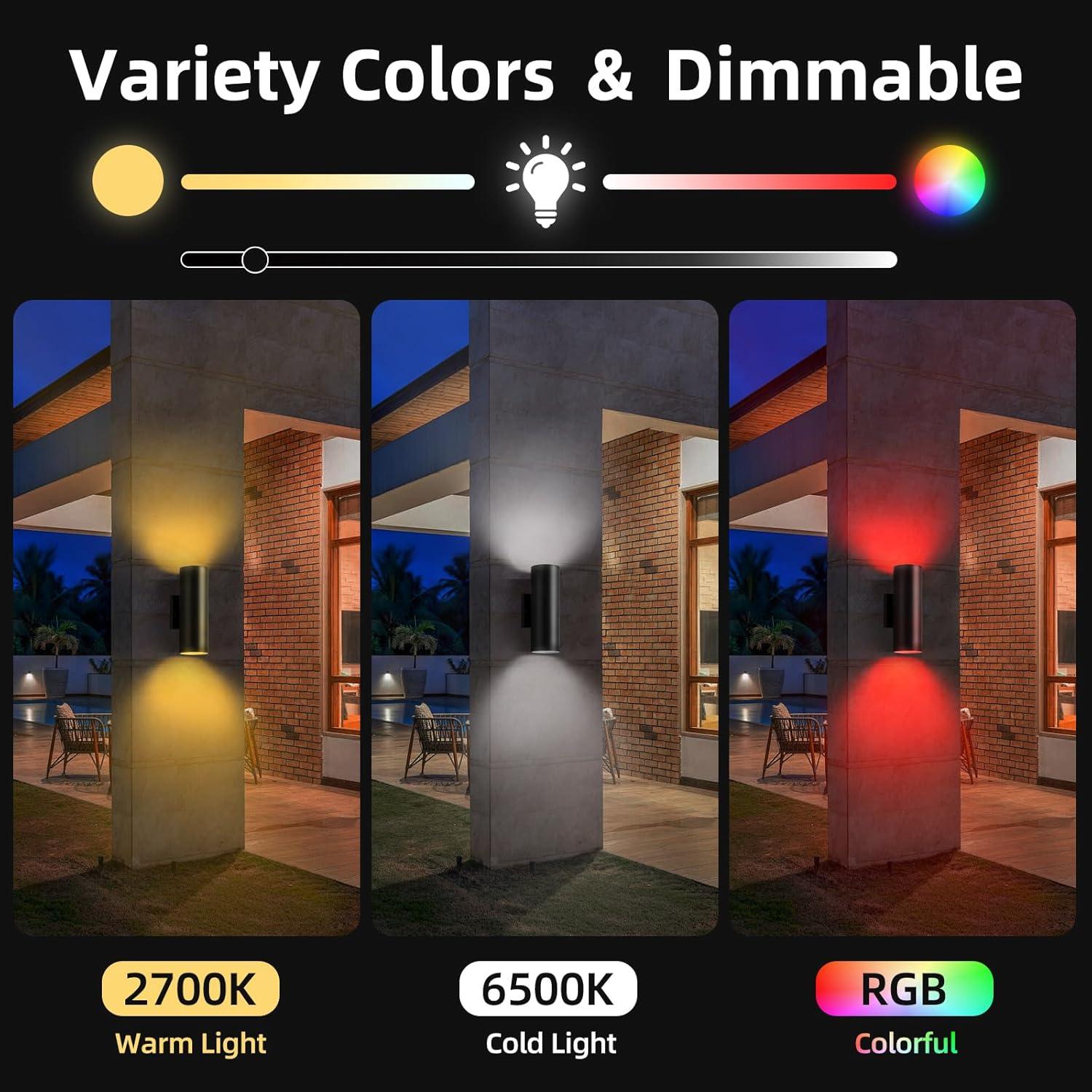 Modern RGB Outdoor Light, 2700K-6500K Ambience Outdoor Wall Sconce Color Changing, Wifi App Control Up Down Lights, Smart Exterior Wall Light For House Porch, Works With Alexa Google Assistant