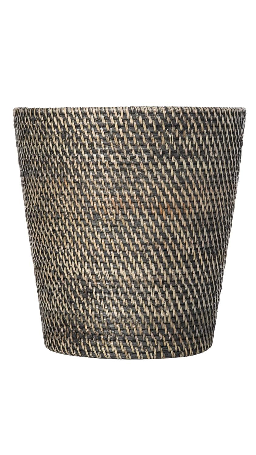 Kouboo Loma Round Rattan Paper Waste Basket, Bathroom, Basket for Dry Or Organic Waste, Basket Garbage, Container Bin, Black Antique