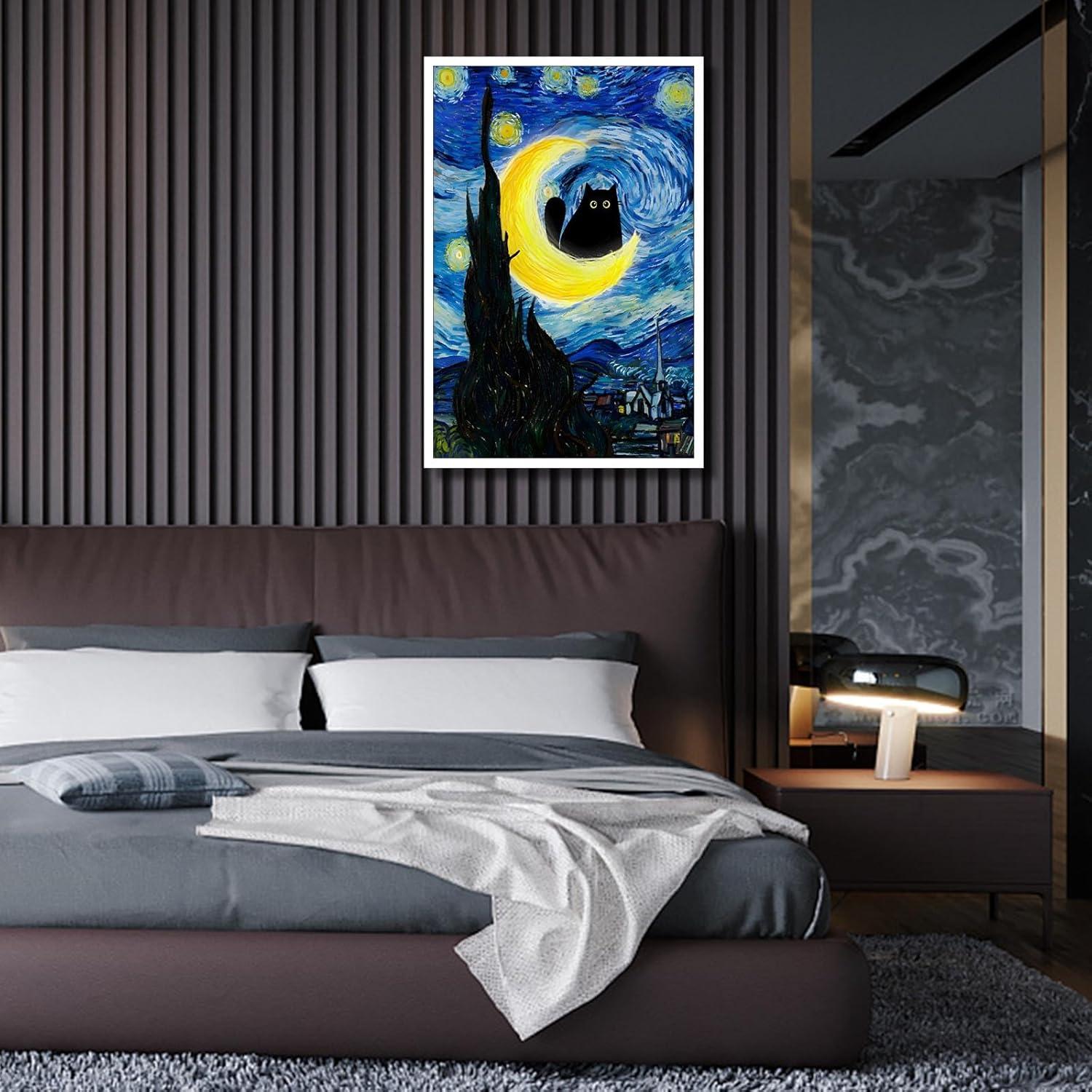 DVBOCS Funny Starry Night Cat Wall Art Famous Oil Paintings Black Cat Poster Prints Funny Cat Floral Wall Decor Colorful Abstract Farmhouse Gallery Aesthetic Room Decor For Bedroom 12x16in Unframed