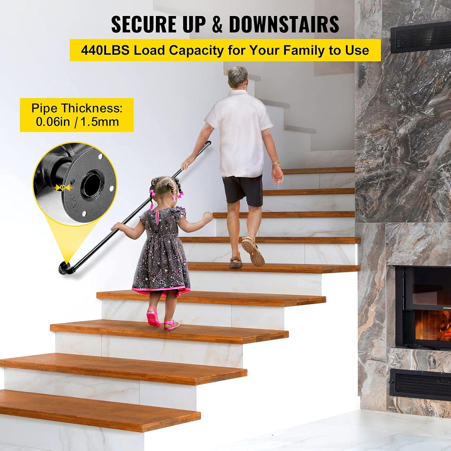 4 ft. Pipe Stair Handrail 440 lbs. Load Capacity Wall Mounted Handrail Round Corner Handrails for Outdoor Steps, Black