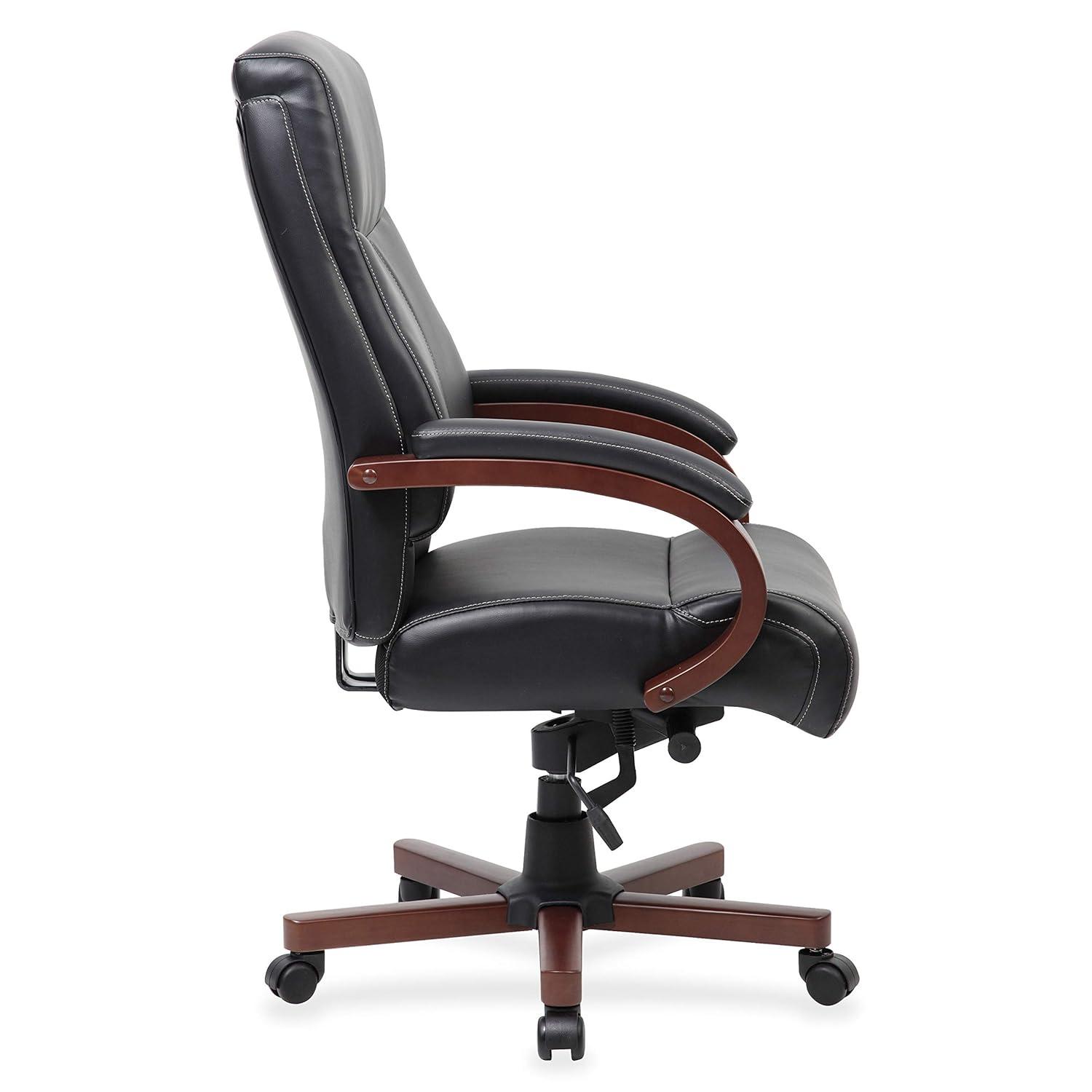 Lorell Executive High-Back Wood Finish Office Chair - Black Bonded Leather Seat - Black Bonded Leather Back - High Back - Black, Mahogany - 1 Each