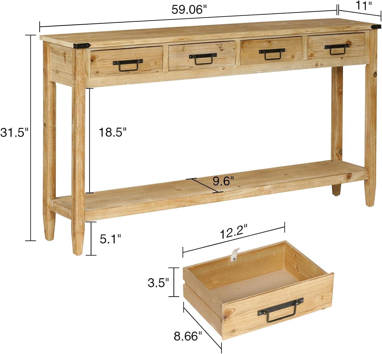 Natural Rustic Wood Console Table with Drawers and Shelves