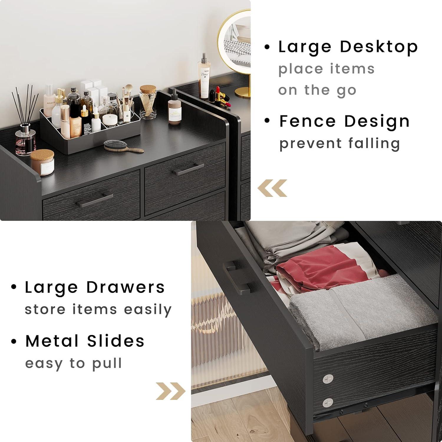 Black Dresser for Bedroom, 6 Drawers Dresser Wood Storage Tower Clothes Organizer, Chest of 6 Drawers, Large Capacity Storage Cabinet, Tall Dresser for Bedroom, Hallway, Entryway