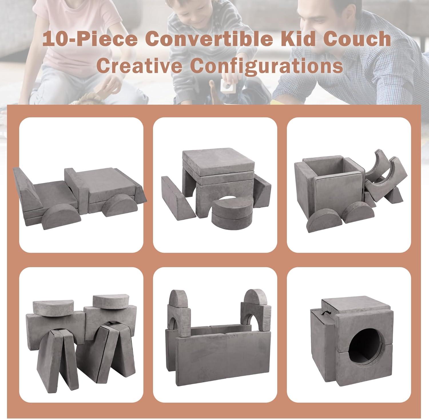 Tolead Modular Kids Play Couch Child Sectional Sofa, Imaginative Furniture Play Set for Creative Kids,Toddler to Teen Bedroom Furniture, Girls and Boys Playroom Convertible Sofa, Gray