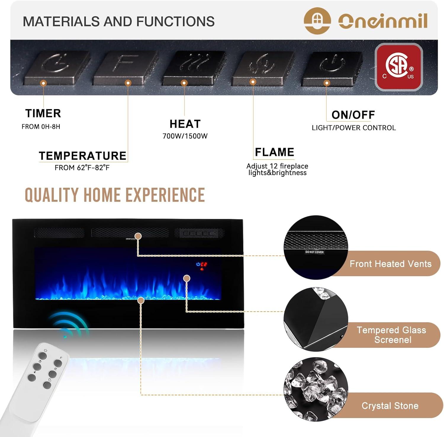 oneinmil Fireplace TV Stand with 36" Electric Fireplace, LED Light Entertainment Center, Modern Wood Texture Entertainment Stand with Highlight Storage Cabinet for TVs Up to 80", 70 inches, Black