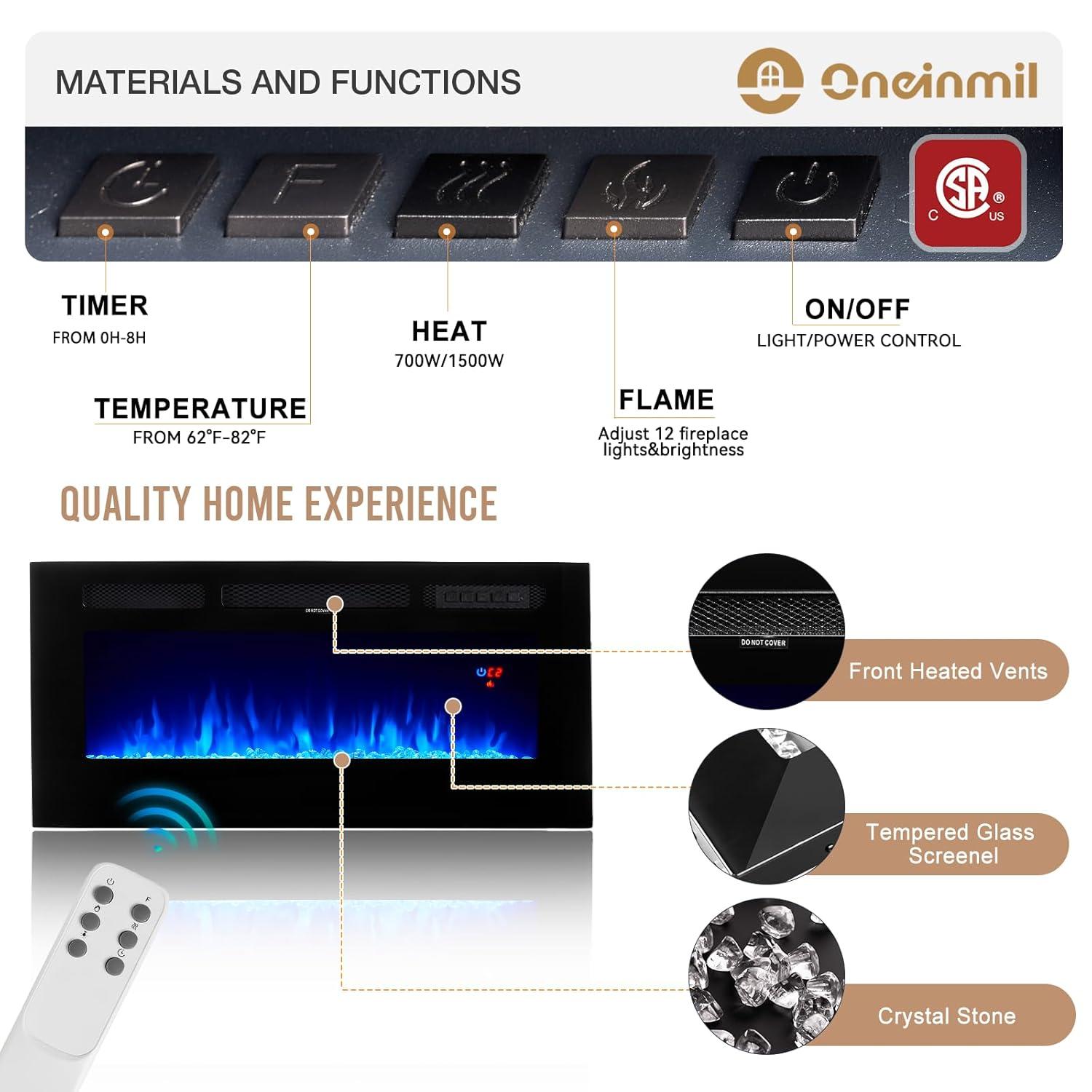 oneinmil Fireplace TV Stand with 36" Electric Fireplace, LED Light Entertainment Center, Modern Wood Texture Entertainment Stand with Highlight Storage Cabinet for TVs Up to 80", 70 inches, Black