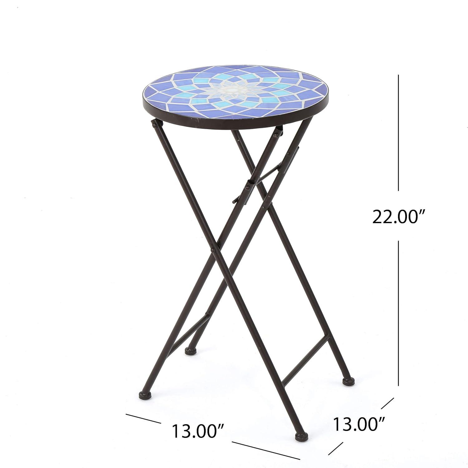 Fleur De Lis Living Folding Blue and White Top Side Table with Iron Frame, Multifunctional Plant or Beverage Stand