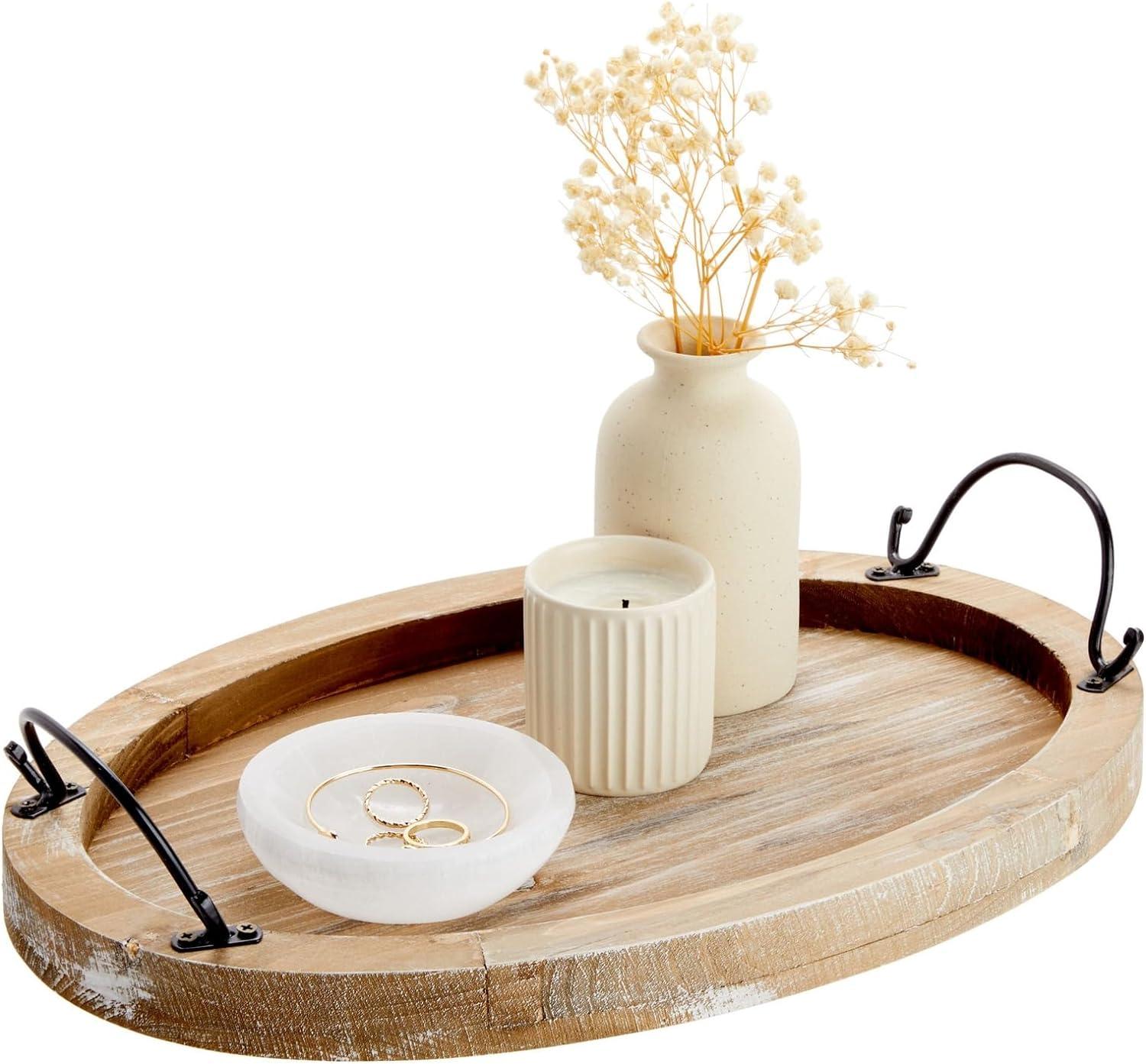 Rustic Oval Wooden Serving Tray with Black Handles