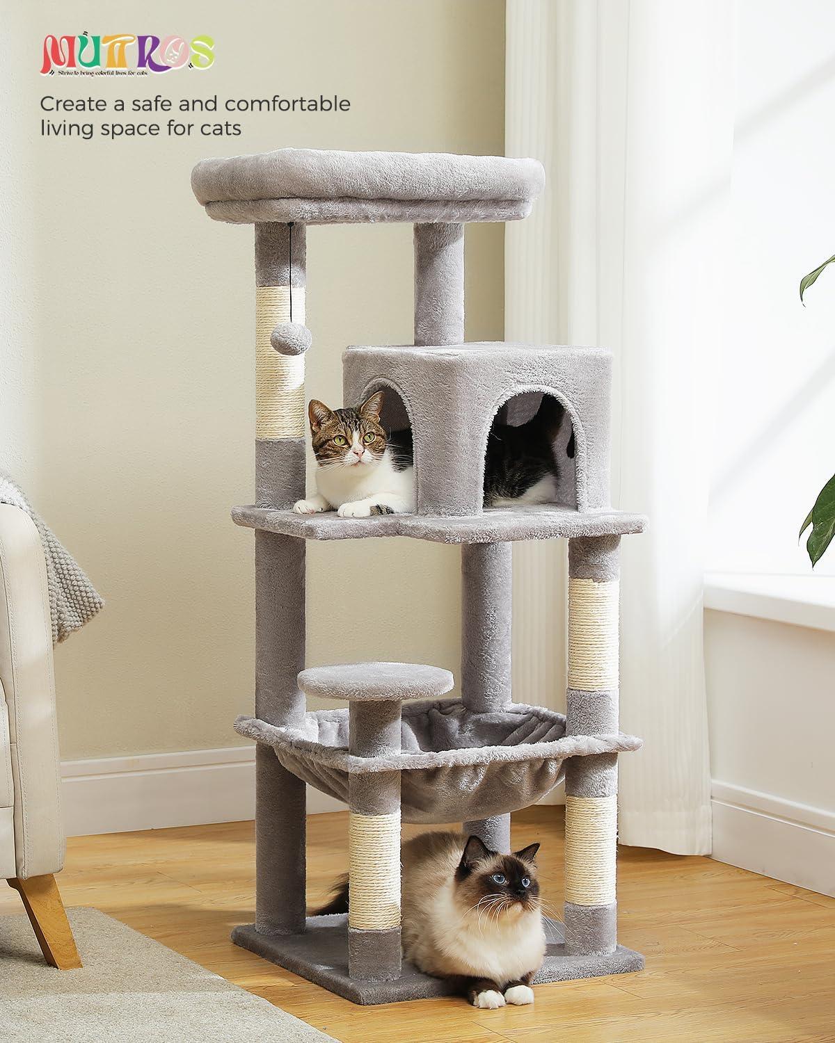 Gray Multi-Level Cat Tree with Sisal Posts and Hammock