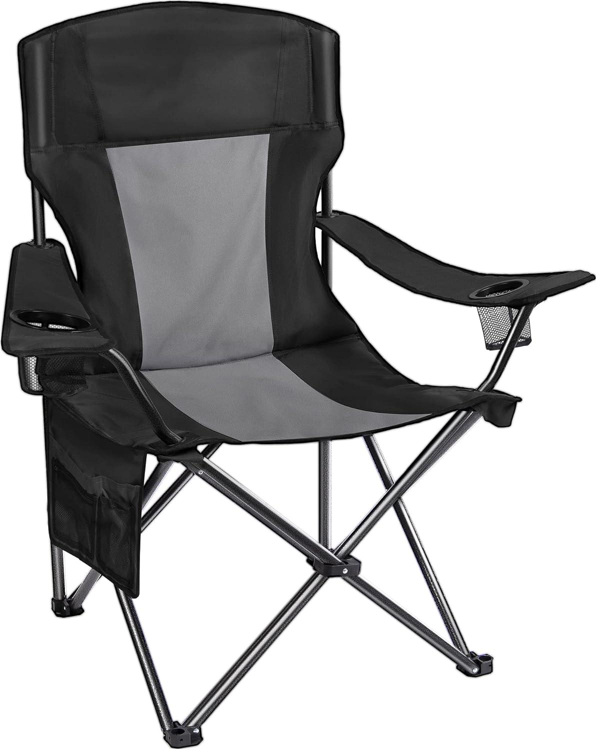 Camping Folding Chair Padded Quad Arm Chair with Large Cup Holders, Side Organizer & Back Pocket for Outdoor, Camp, Indoor, Patio, Fishing, Supports 350lbs , Black and Gray