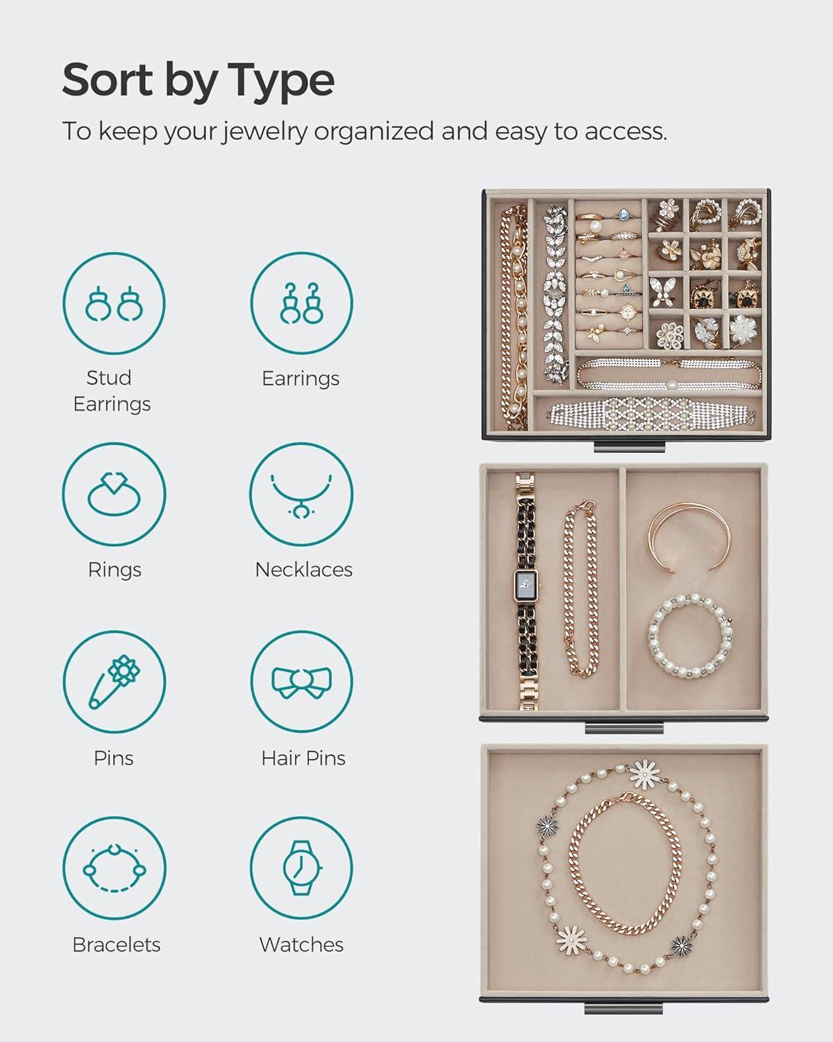 Glass Lid Jewelry Box with Glass Jewelry Organizer Case for Rings Necklaces Earrings Black and Silver