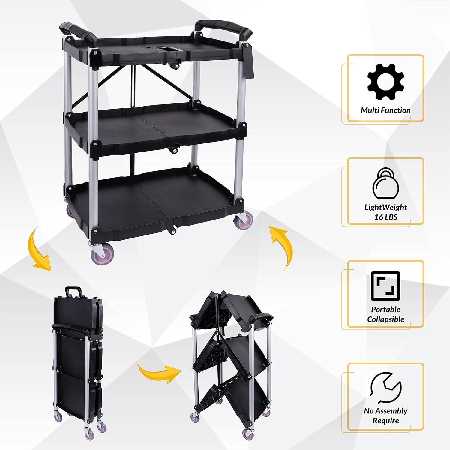 Foldable Black and Silver 3-Tier Utility Cart with Wheels