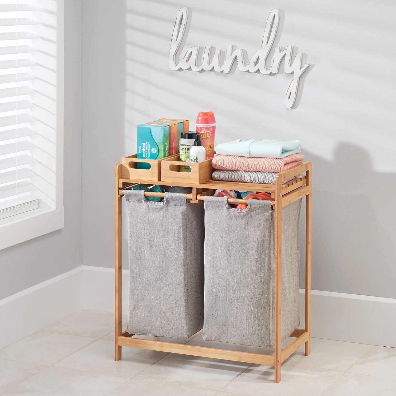 mDesign Bamboo Freestanding Double Laundry Basket Hamper Organizer - Natural/Tan