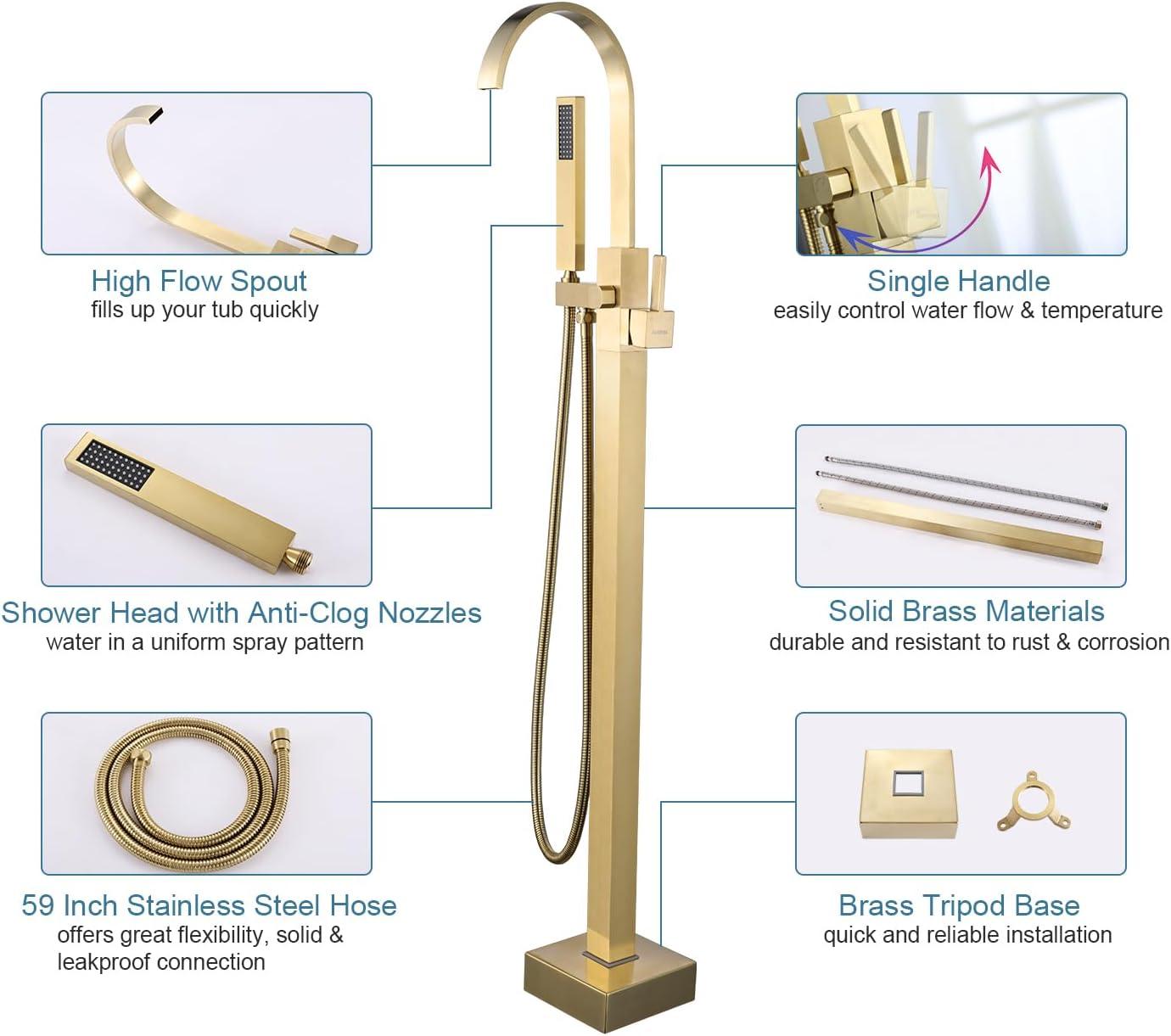 Brushed Gold Brass Waterfall Floor Mount Freestanding Tub Faucet