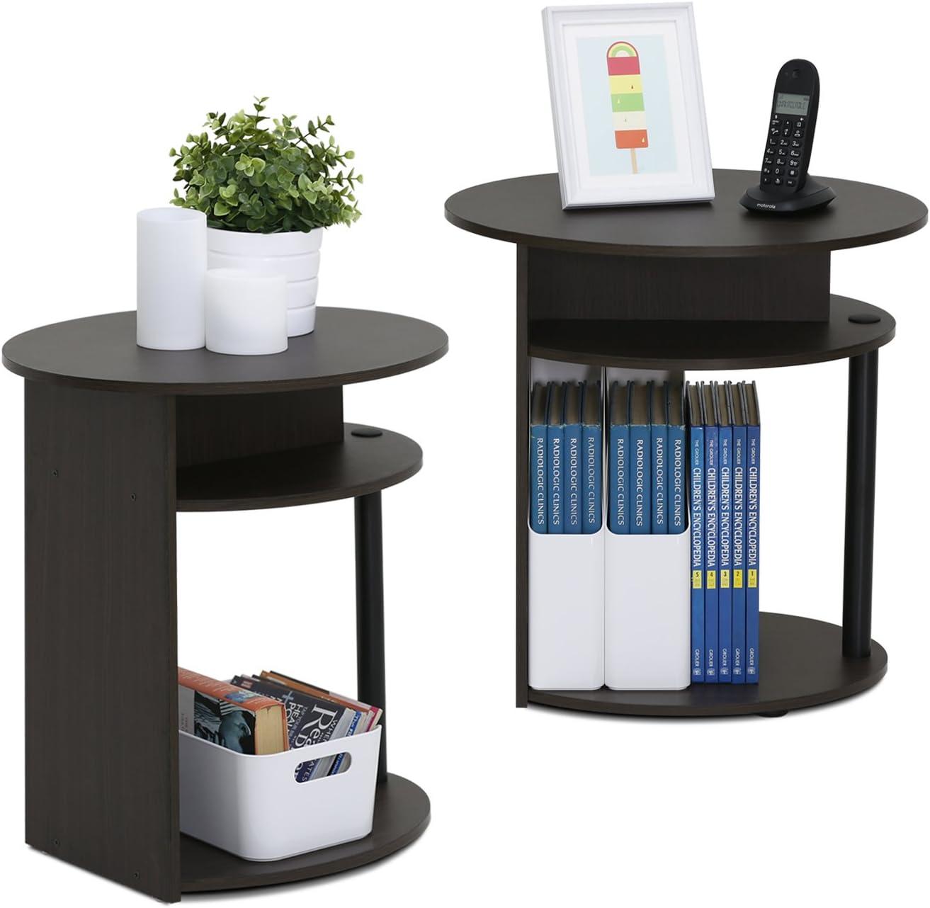 Jaya Black Round Wood End Table Set with Shelves