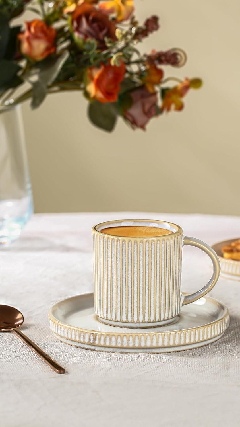 shuoli Star Espresso Cups And Saucers Set Of 4, [ Mini ] 3 Oz Ceramic Small Coffee Mug With Handle, Ribbed Stoneware Demitasse Cup For Tea, Latte - Microwave & Dishwasher Safe - Cappuccino White