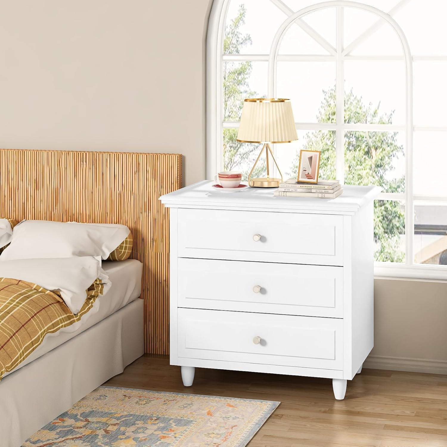 White Wood 3-Drawer Modern Nightstand with Metal Legs