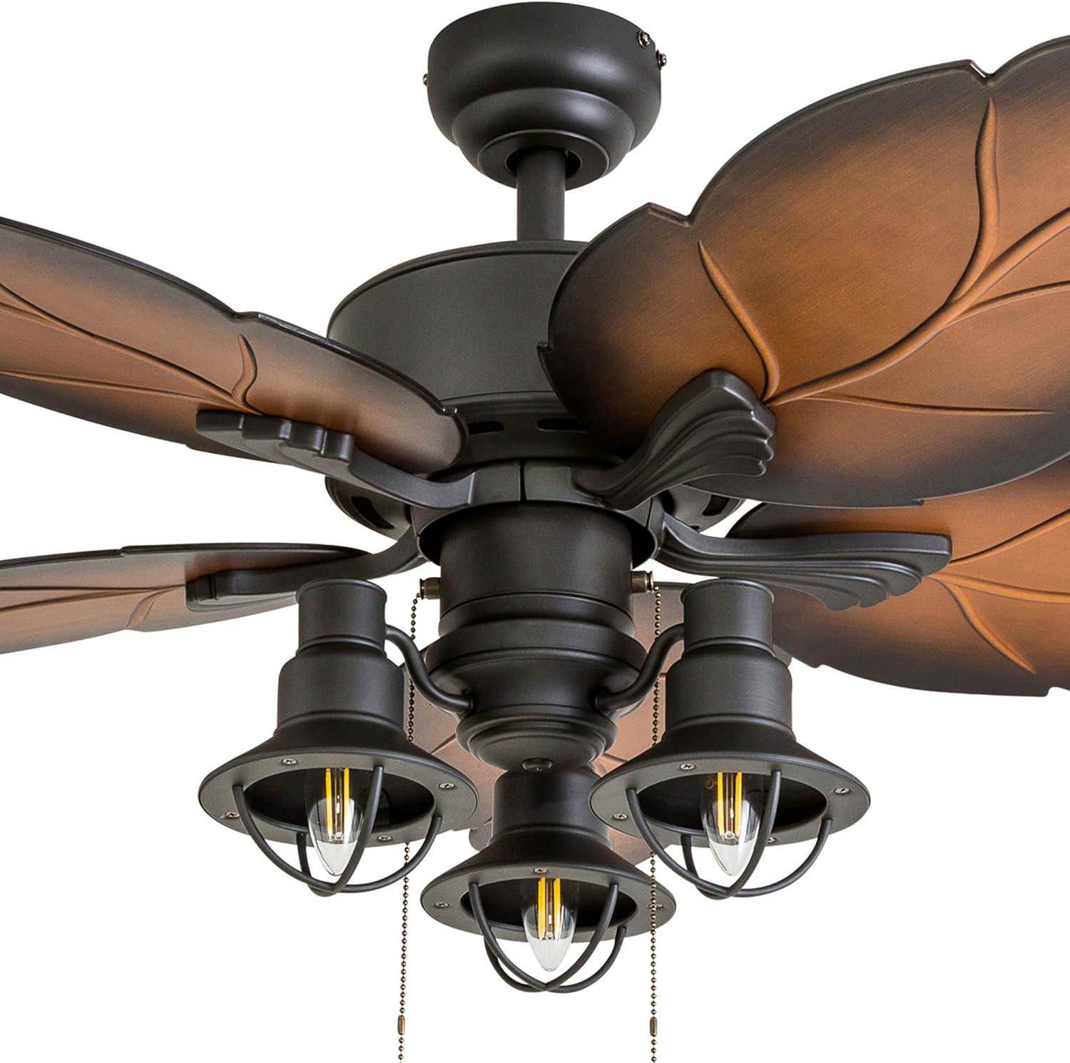 52" Bronze Tropical Ceiling Fan with Palm Leaf Blades and LED Light
