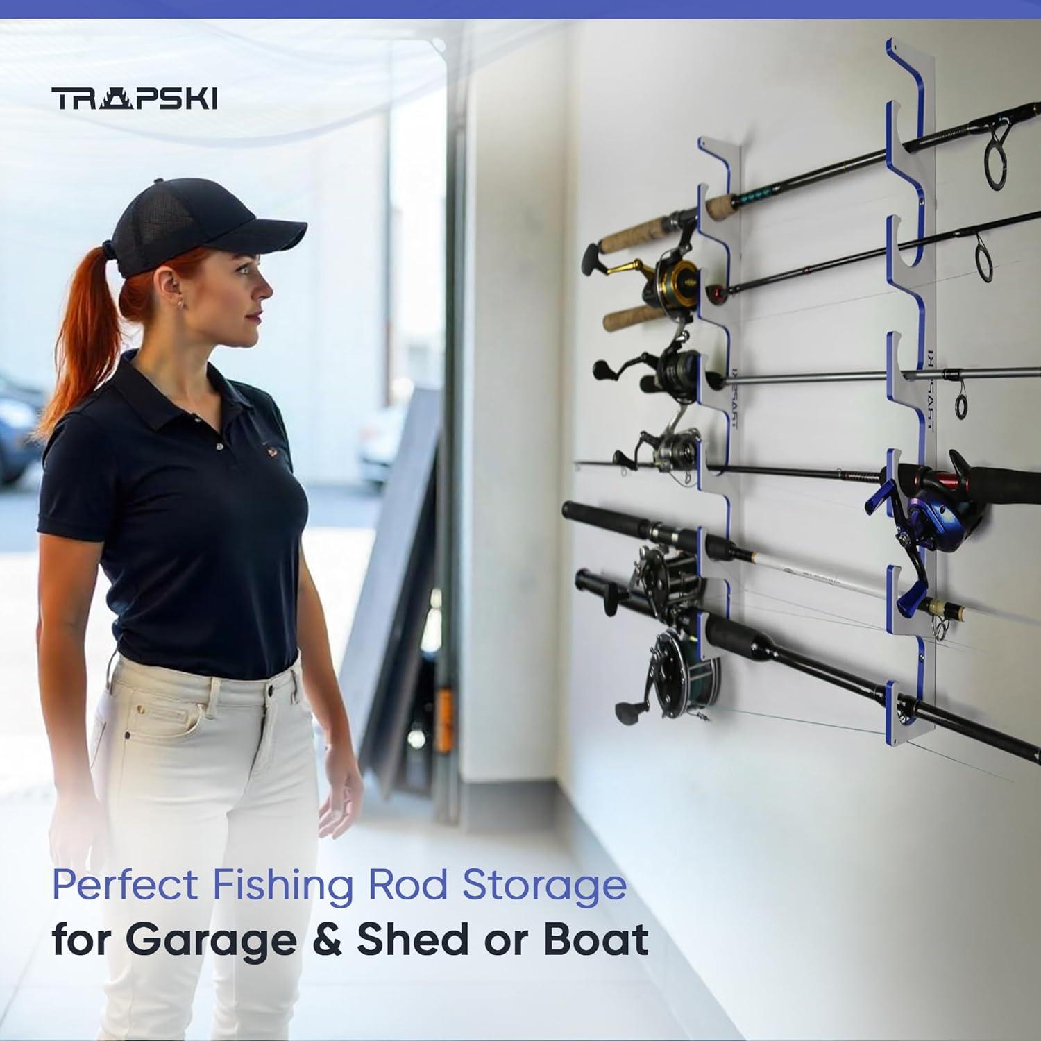 Made in the USA Fishing Rod/Pole Holder Rack Organizers | Wall or Ceiling Mounted Fishing Rod Rack | Durable Marine Grade HDPE Plastic | Fishing Pole Holder Holds up to 3 to 12 + Stackable