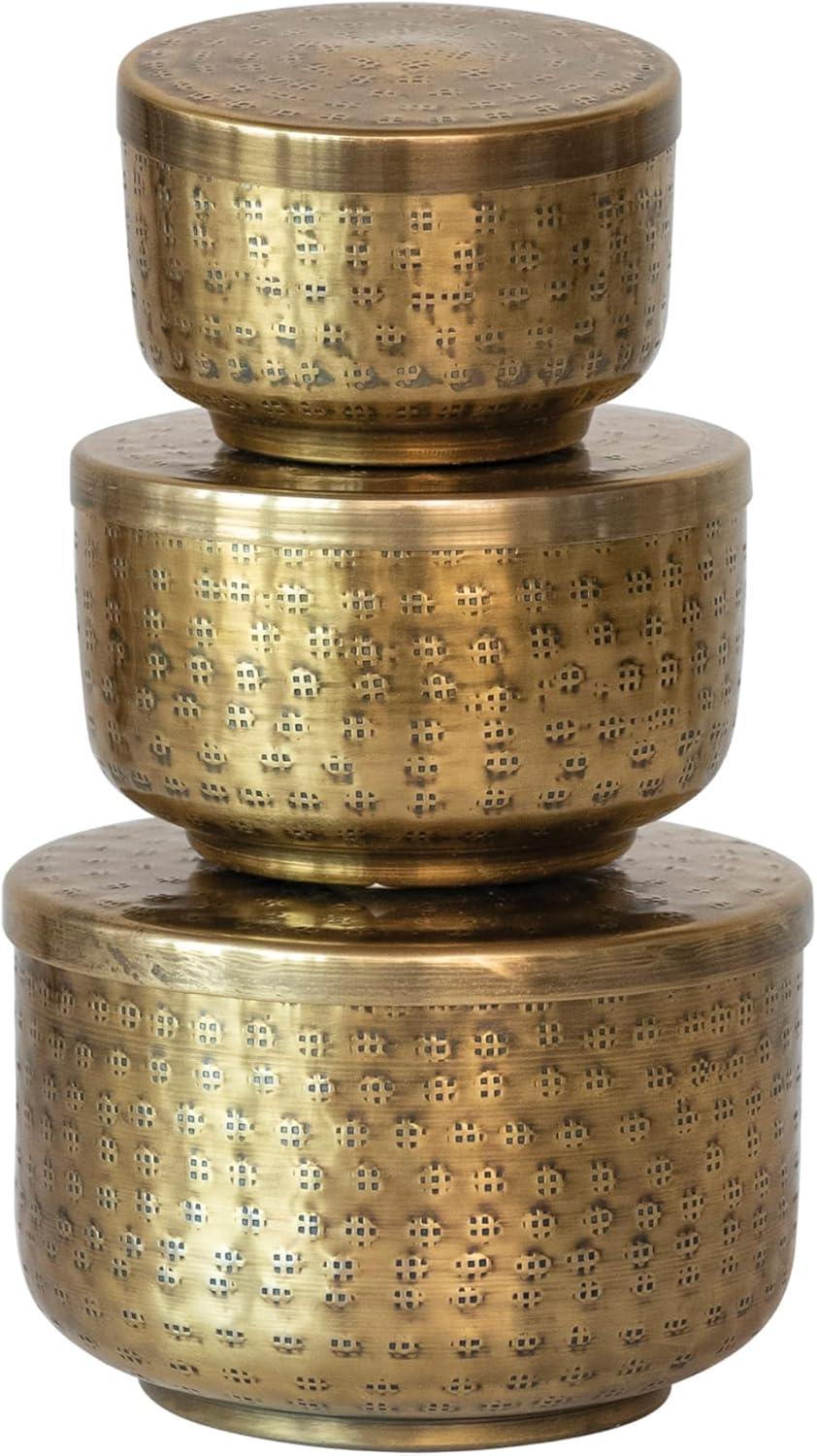 Creative Co-Op Hammered Debossed Aluminum Containers, Antique Brass, Set of 3