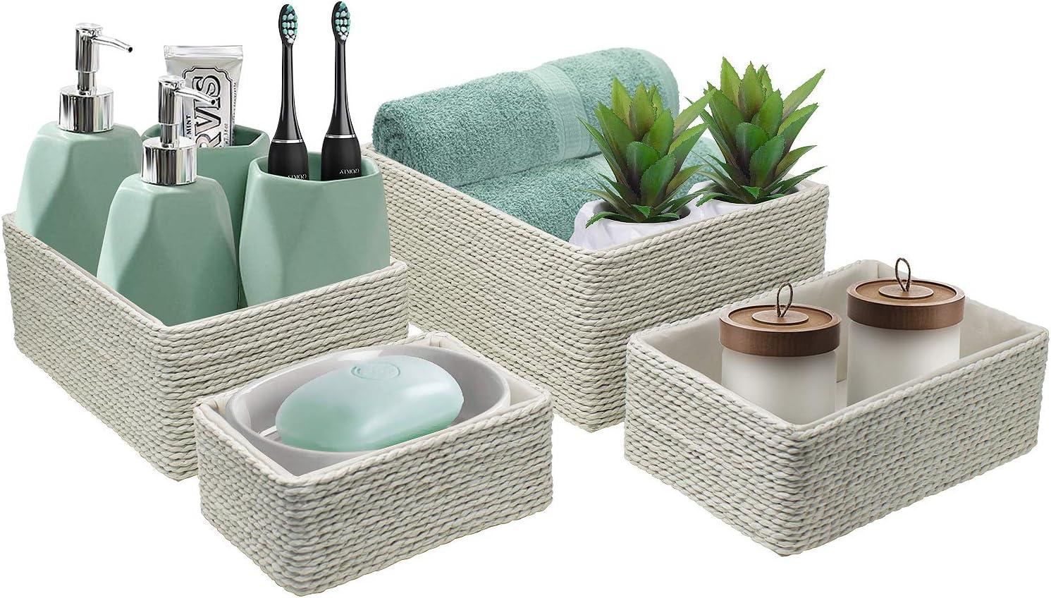 Beige Rectangular Woven Paper Rope Storage Baskets Set