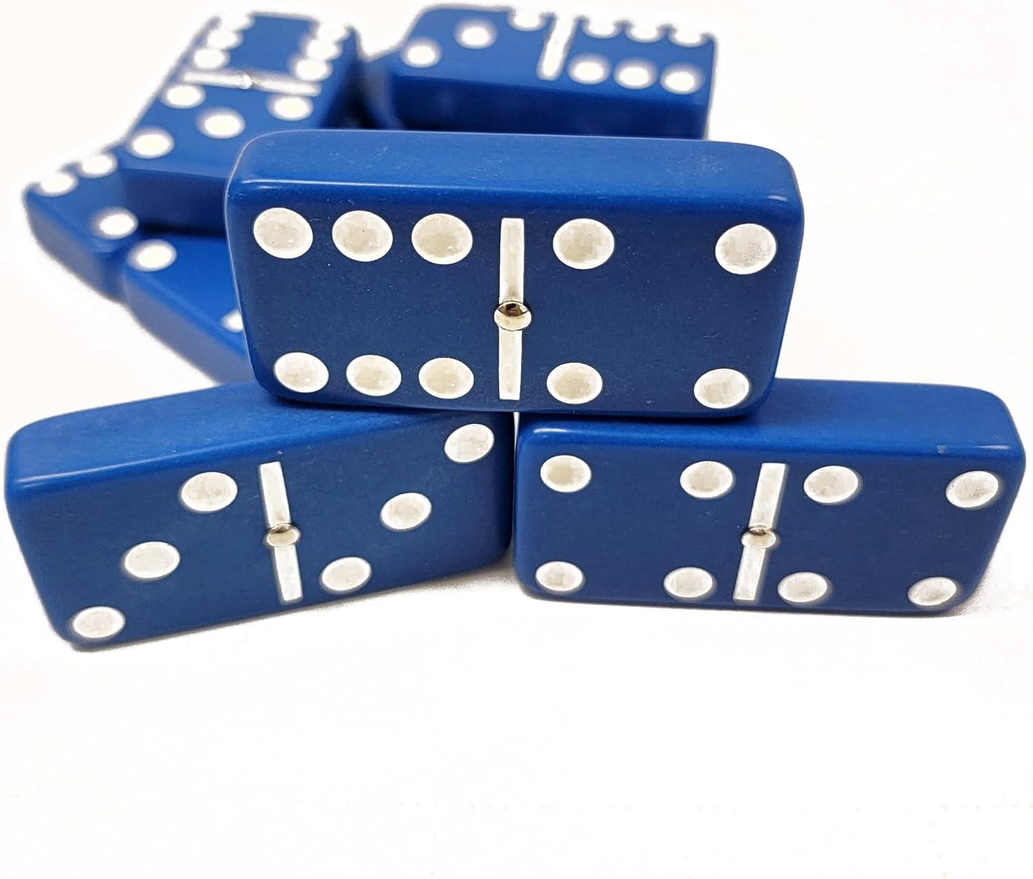 Blue Jumbo Tournament Domino Set with Spinners and Velvet Bag