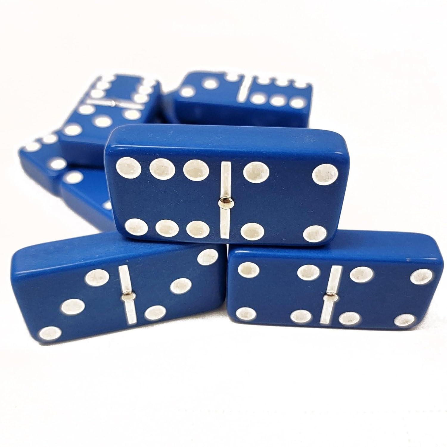 Blue Jumbo Tournament Domino Set with Spinners and Velvet Bag