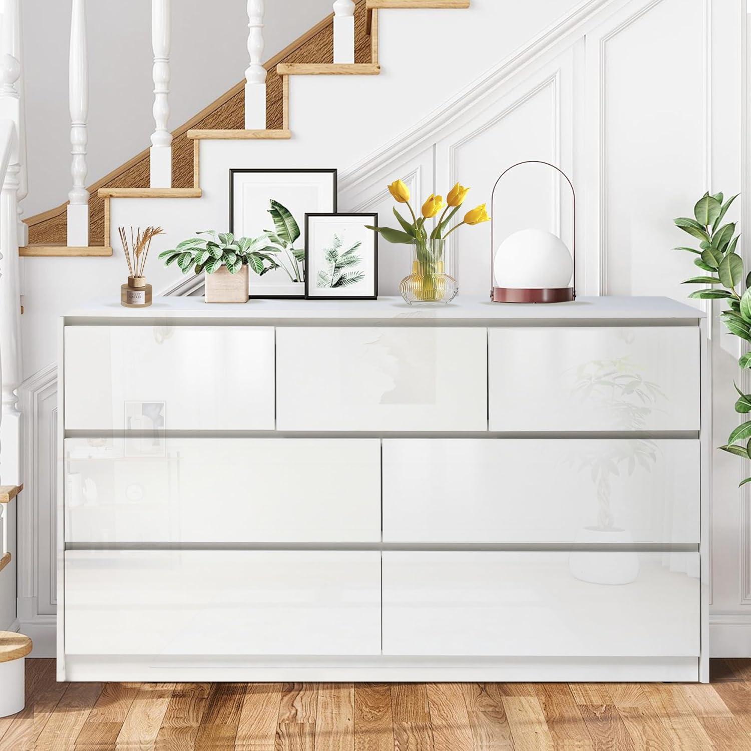 Ebern Designs White Dresser for Bedroom with 7 Drawers, Modern High Gloss Large Dresser with 7 Handle Free Drawers, 55 Inch Wooden Long Dresser, Storage Chest of Drawers