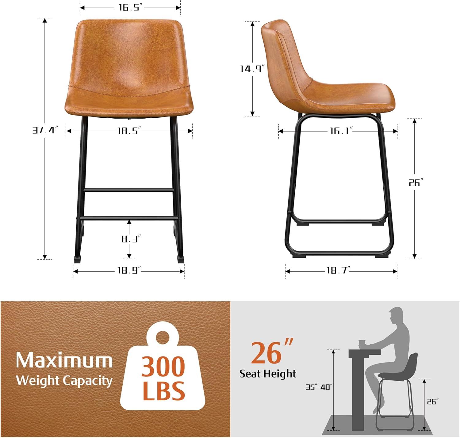 WM 26 inch Counter Height Bar Stools Set of 4, Modern Faux Leather High Barstools with Back and Metal Leg, Bar Chairs for Indoor & Outdoor, Brown