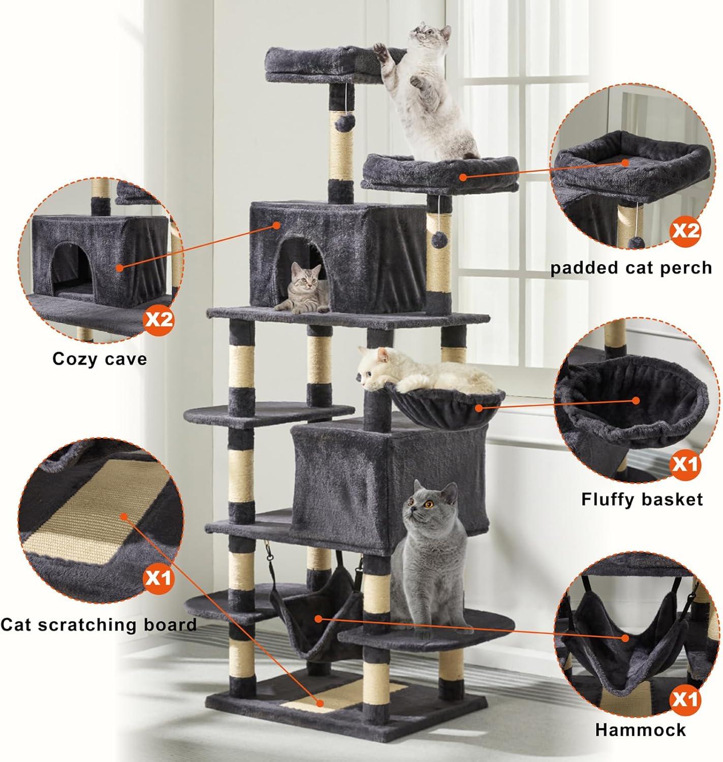 MDEAM Cat Tree 74 Inch Multi-Level Large Cat Tower with 16 Sisal Scratching Posts,2 Caves,2 Perches,Hammock,Scratching Board,Basket,Cozy Plush Cat Perches for Indoor Large Cats(Light Gray)