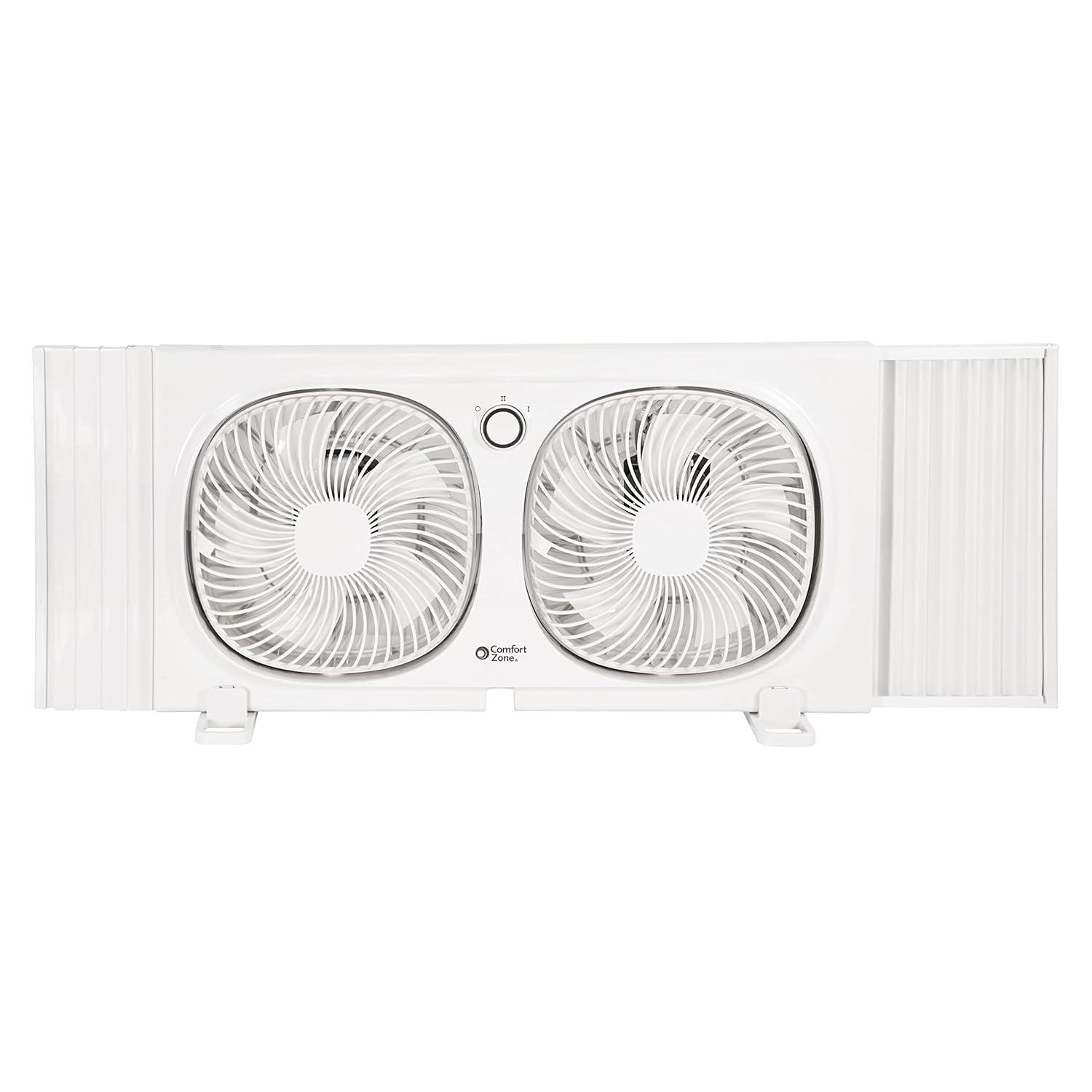 Comfort Zone 9" Twin Window Fan, 2 Speeds, Rotating Heads, Bug Screen