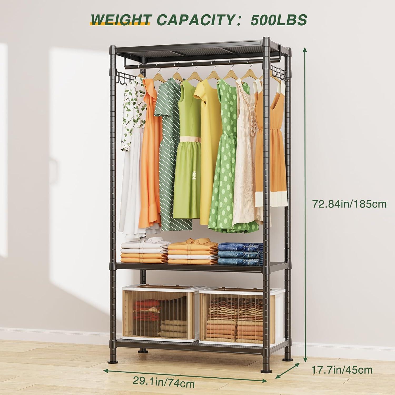 LEHOM G1L 3 Tiers Garment Rack with Storage Shelves, Heavy Duty Rolling Free-Standing Clothing Rack Closet Organizer with Double Rods/Lockable Wheels & 2 Pairs Side Hooks, Max Load 450 LBS, Black