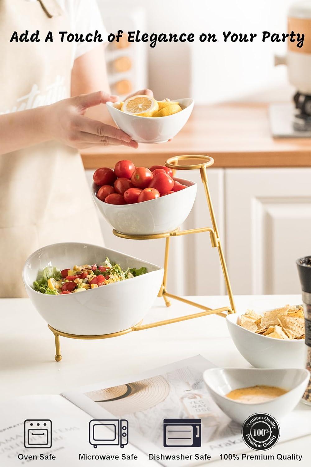 Gold 3-Tier Oval Ceramic Serving Bowl Set with Stand