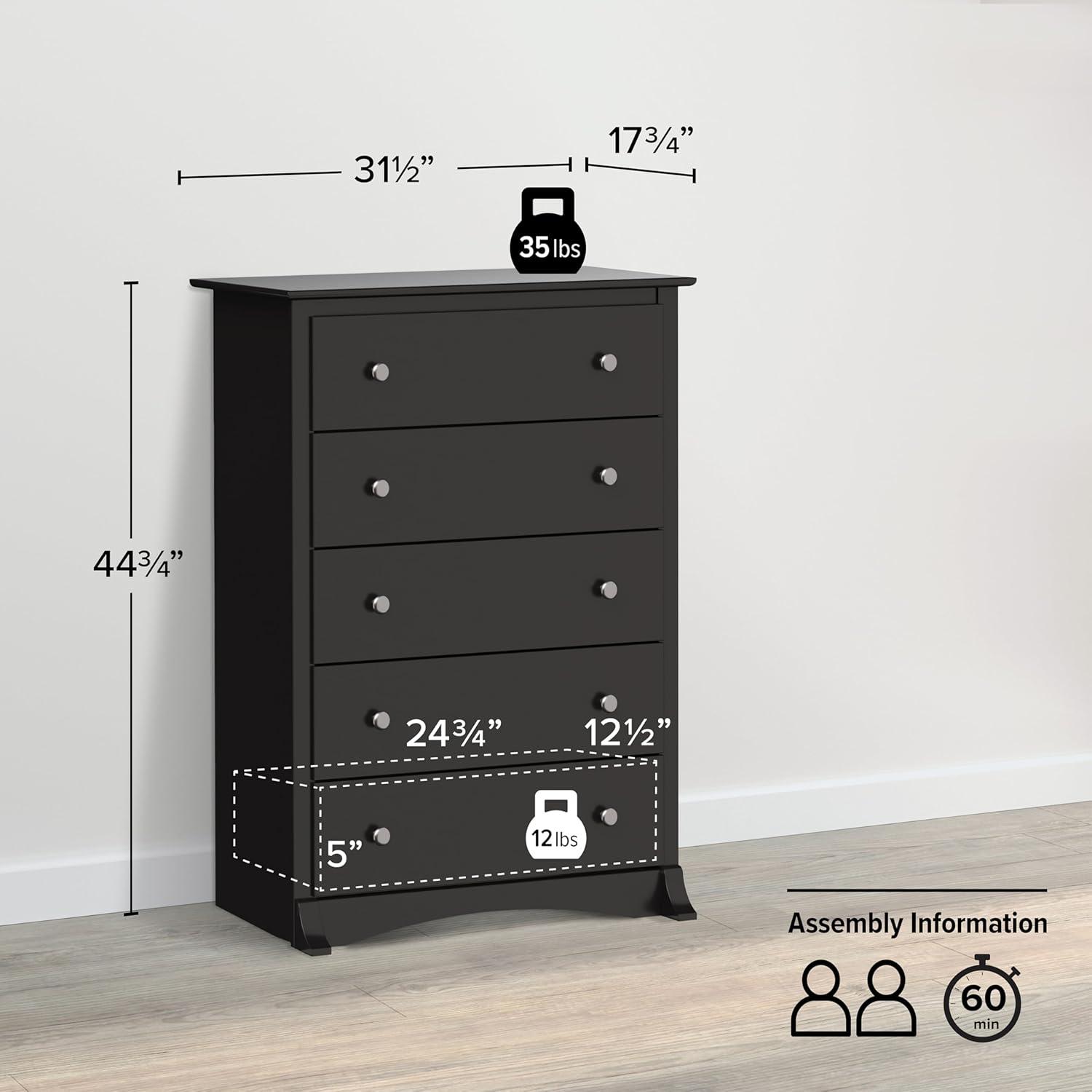 Prepac Sonoma Superior 5-Drawer Chest for Bedroom - Spacious and Stylish Chest of Drawers, Measuring 17.75"D x 31.5"W x 44.75"H, In Black Finish