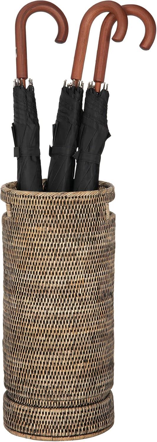 Kouboo La Jolla Rattan Round Handmade Umbrella Holder Freestanding Cane Stand Decorative, Catch, Stand For Entryway, Black Wash